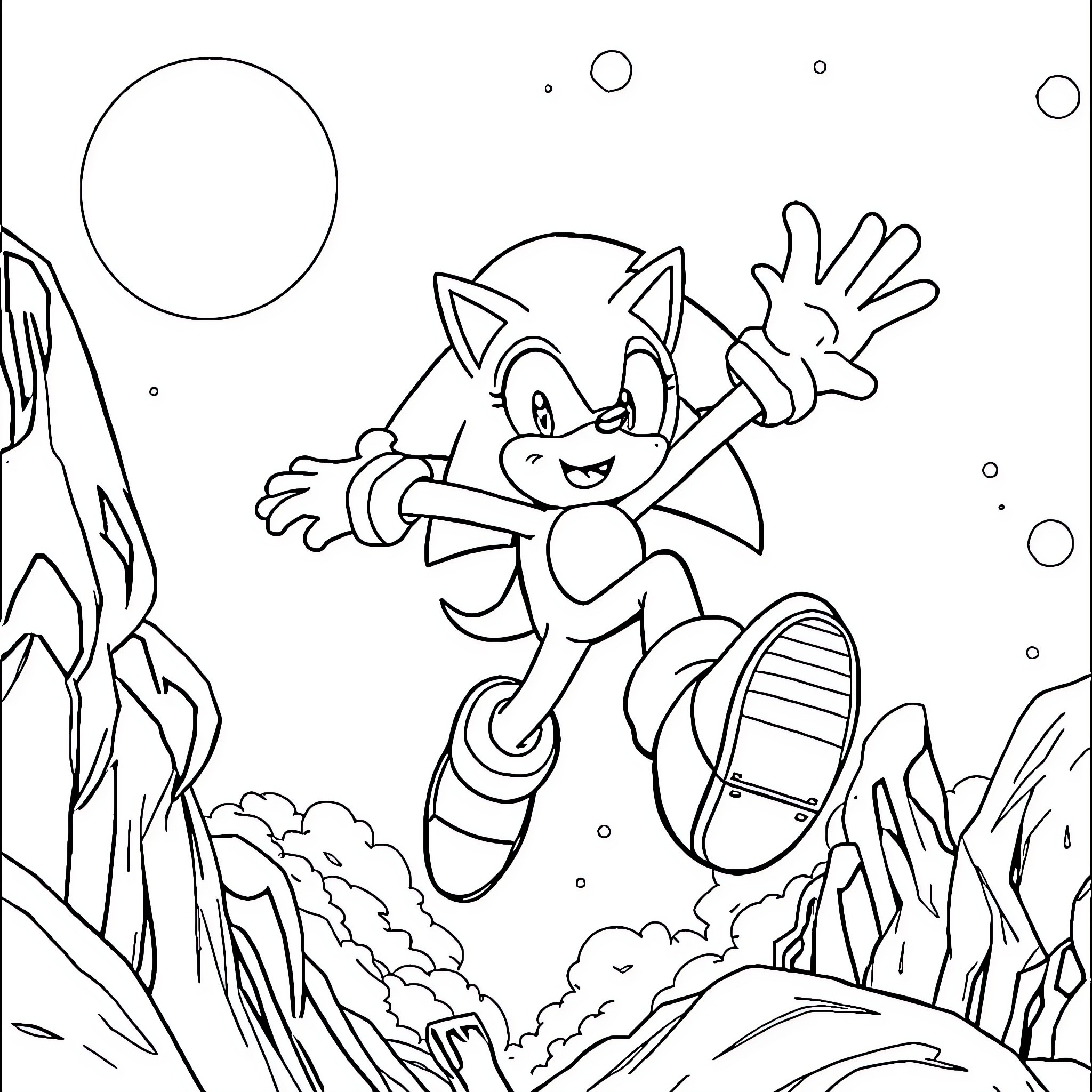 Sonic running joyfully through the landscape Coloring Page (free black-and-white line drawing printable PDF for all, from beginners to advanced learners, including children, teens, adults, and seniors)