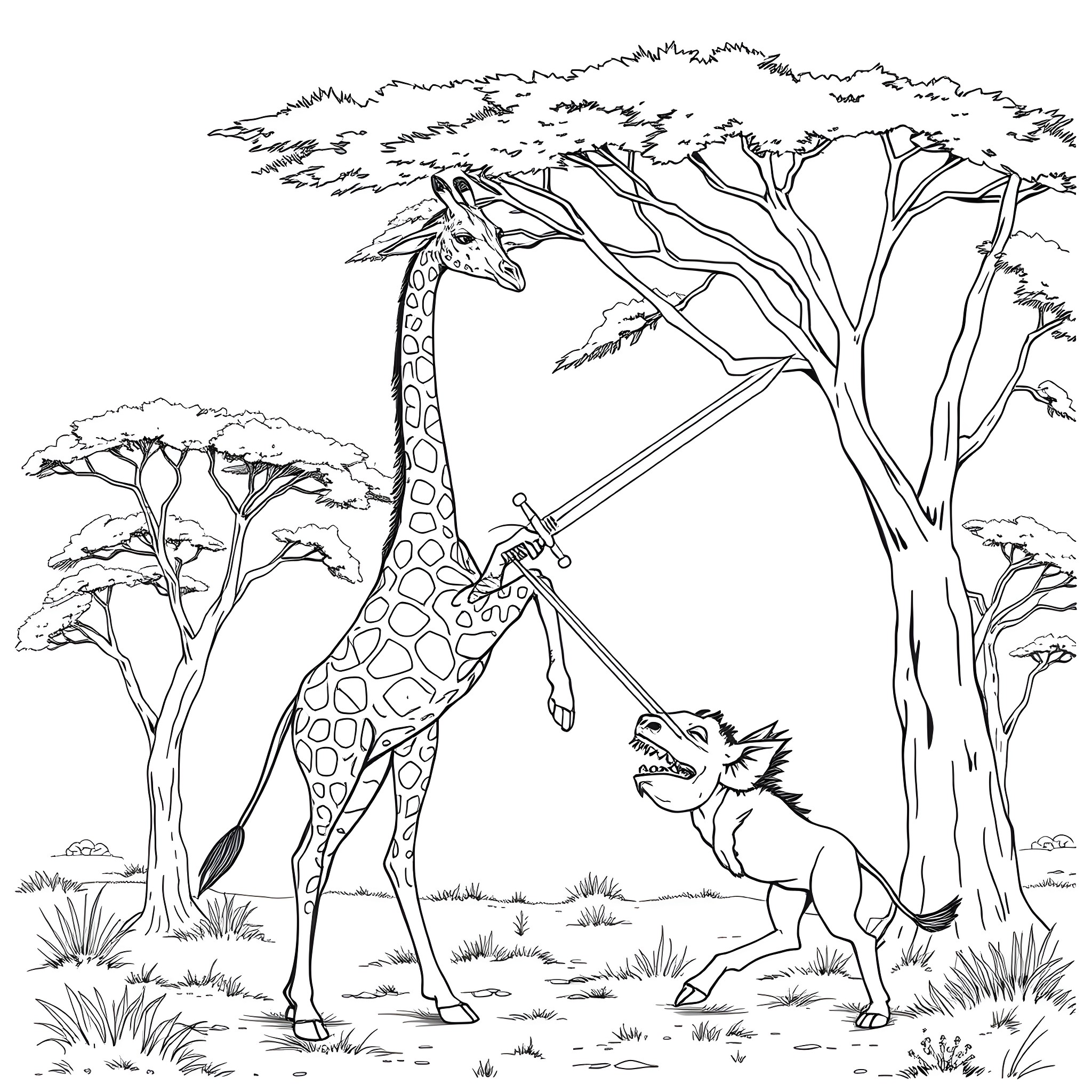 Giraffe gracefully exploring the African savanna Coloring Page (free black-and-white line drawing printable PDF for all, from beginners to advanced learners, including children, teens, adults, and seniors)