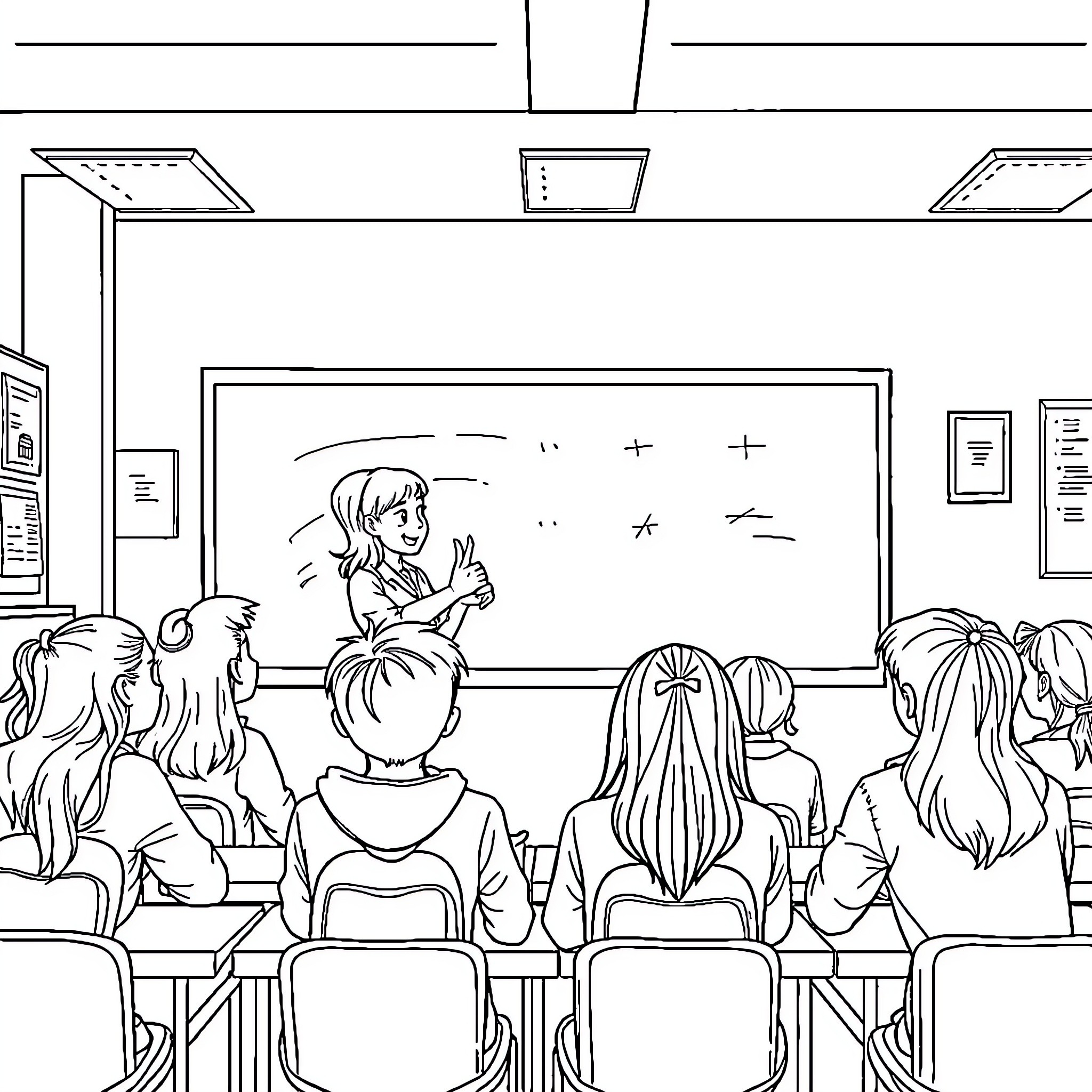 Teacher Instructing Students in Classroom Coloring Page (free black-and-white line drawing printable PDF for all, from beginners to advanced learners, including children, teens, adults, and seniors)