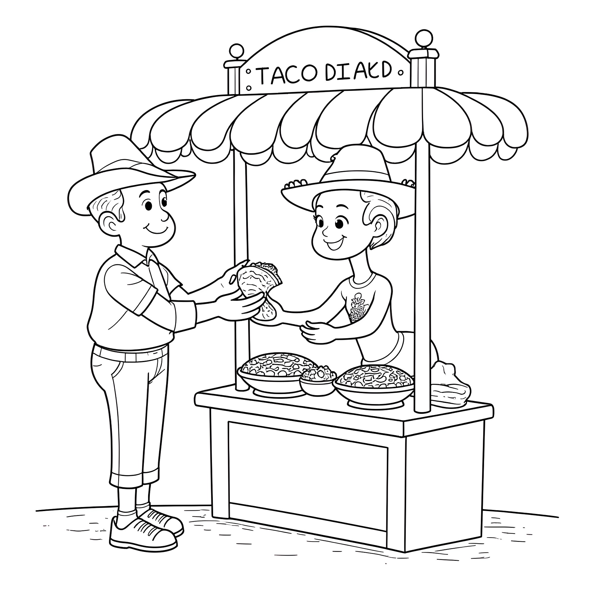 Bluey's Taco Deli Adventure Coloring Page (free black-and-white line drawing printable PDF for all, from beginners to advanced learners, including children, teens, adults, and seniors)