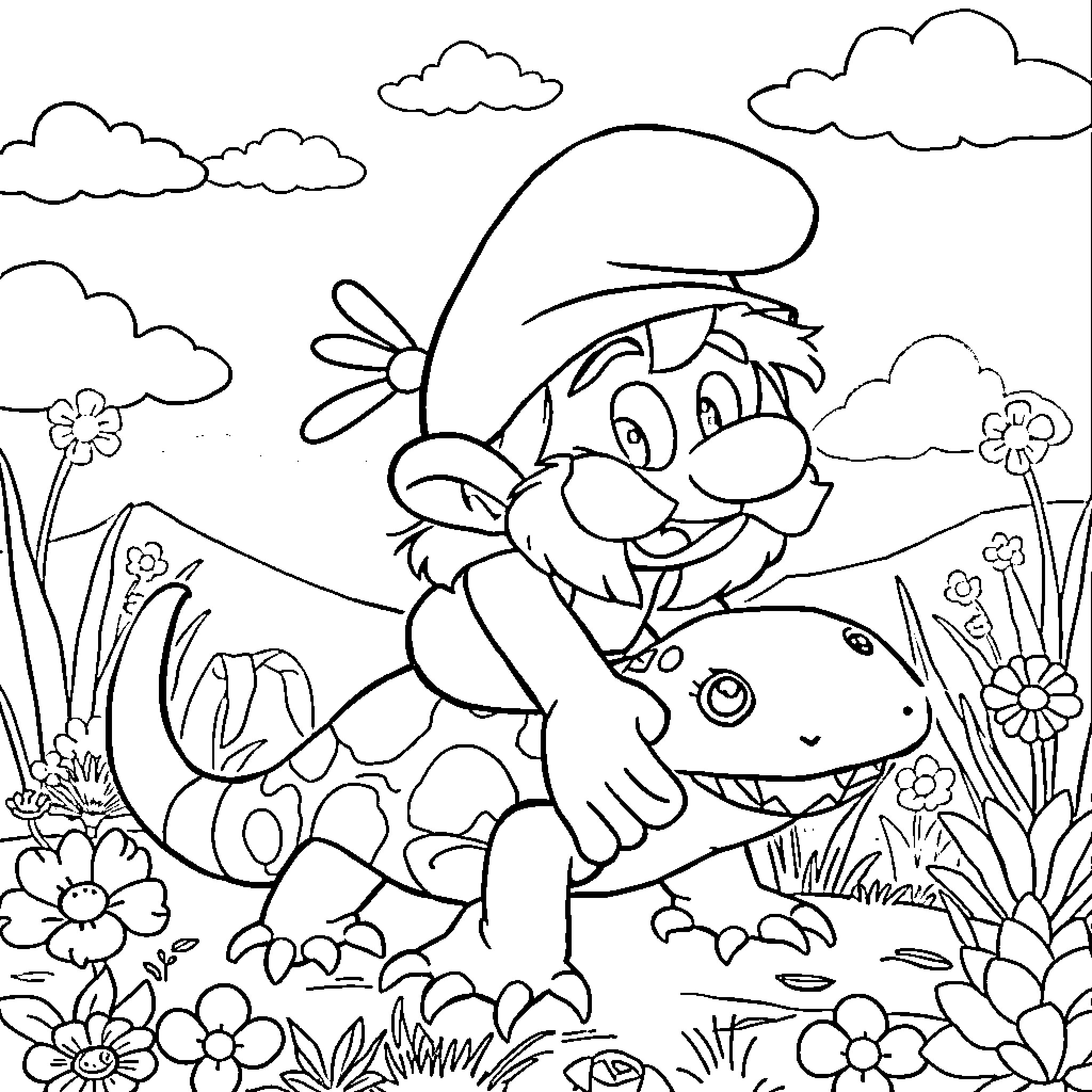 Smurf joyfully playing with a cute creature in a lush meadow Coloring Page (free black-and-white line drawing printable PDF for all, from beginners to advanced learners, including children, teens, adults, and seniors)