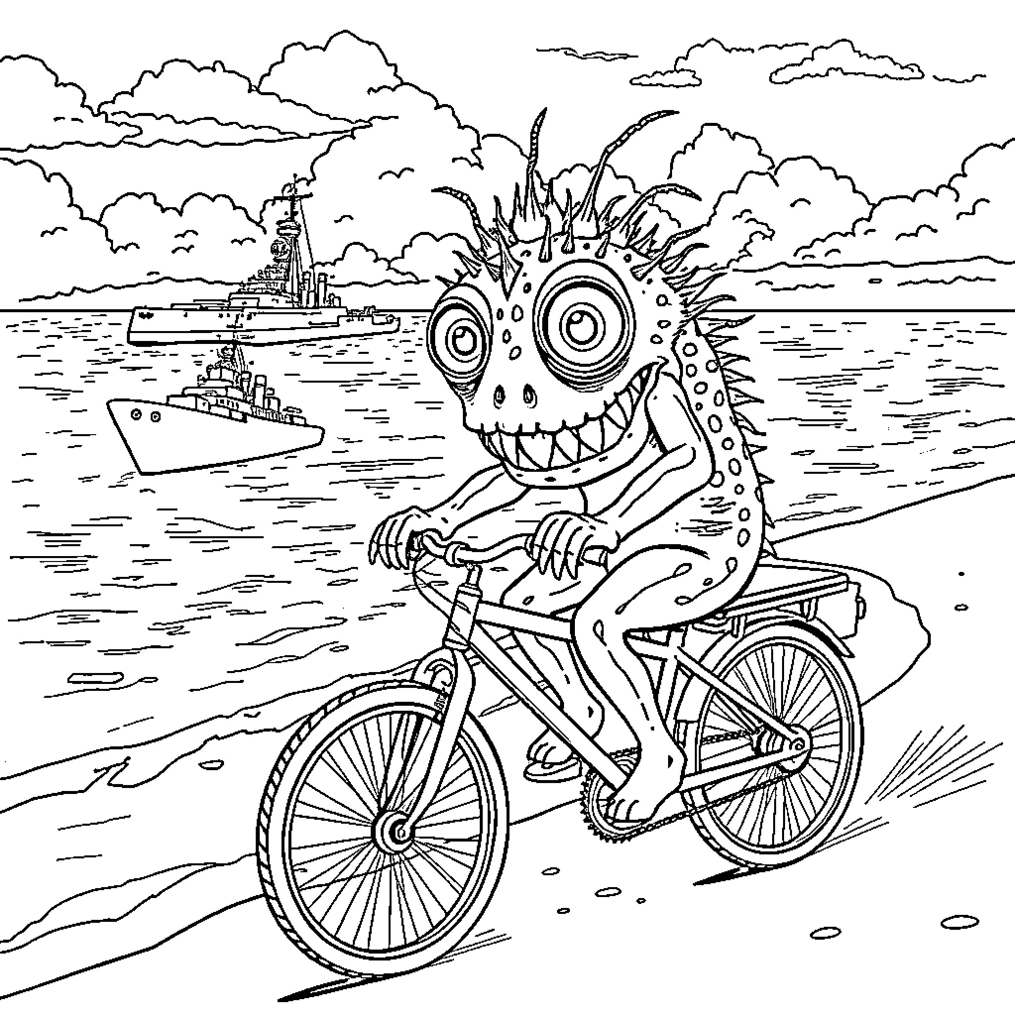 Monster Riding Bicycle on the Beach Coloring Page (free black-and-white line drawing printable PDF for all, from beginners to advanced learners, including children, teens, adults, and seniors)