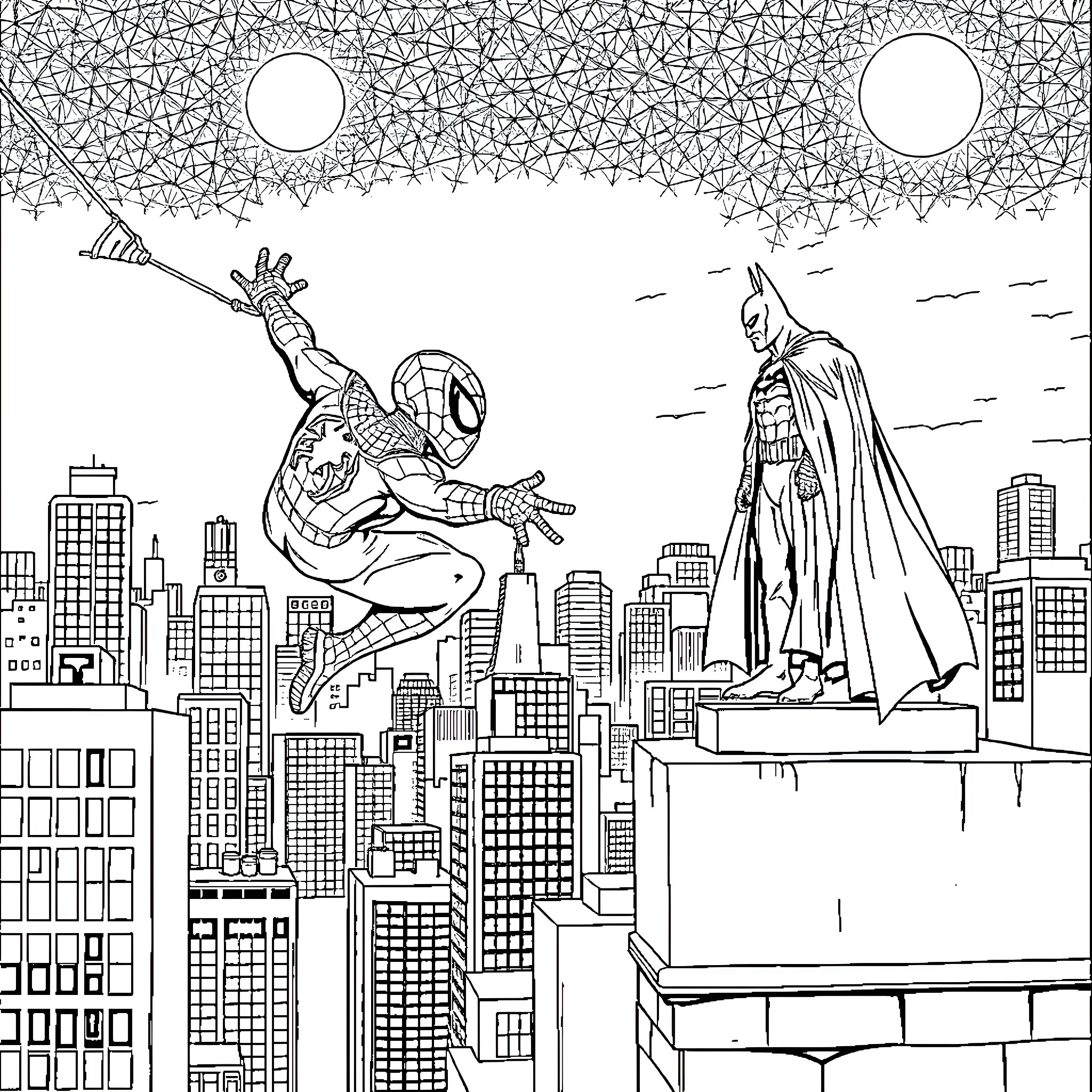 Spider-Man facing off against a superhero in the city Coloring Page (free black-and-white line drawing printable PDF for all, from beginners to advanced learners, including children, teens, adults, and seniors)
