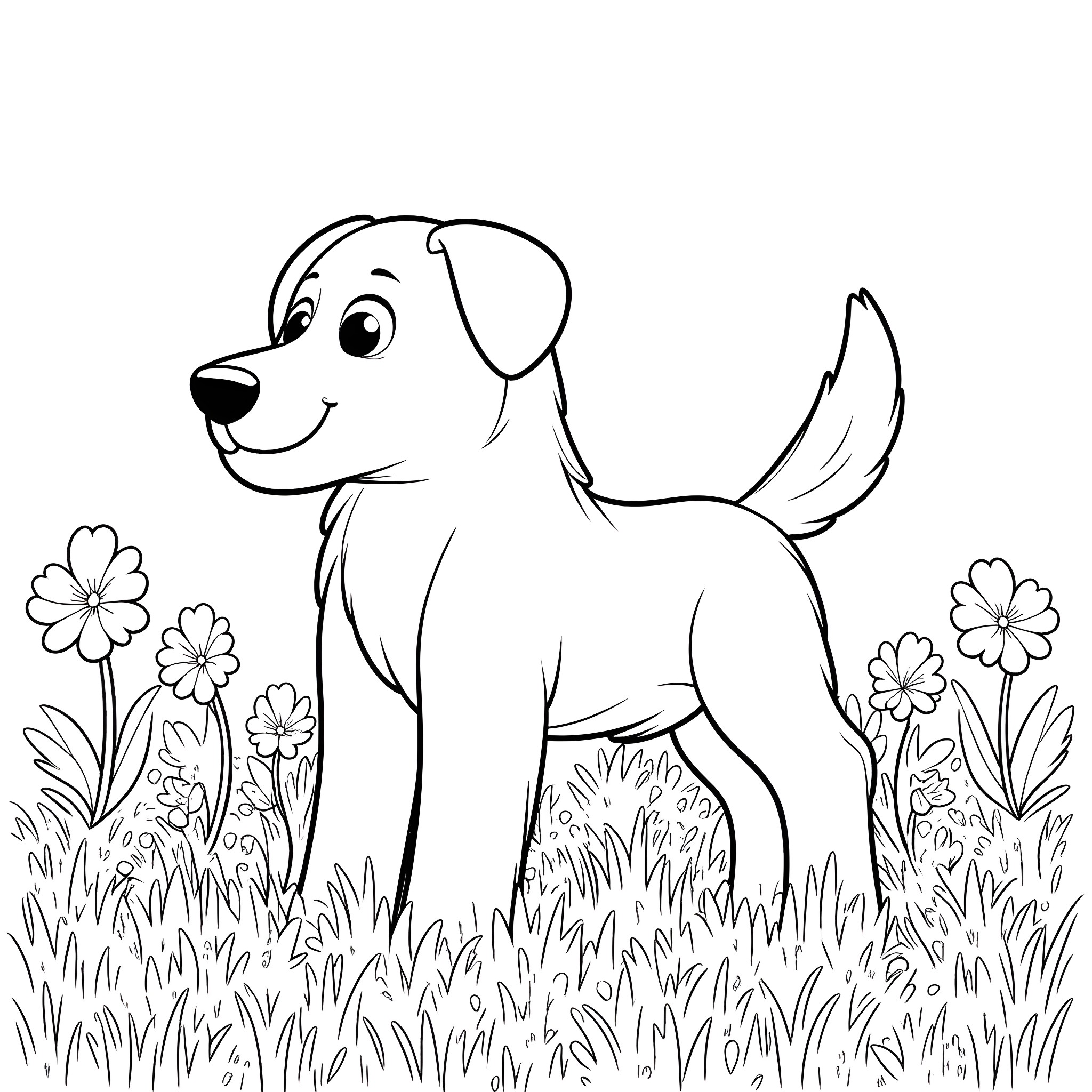 Dog playing happily in the flowery field Coloring Page (free black-and-white line drawing printable PDF for all, from beginners to advanced learners, including children, teens, adults, and seniors)