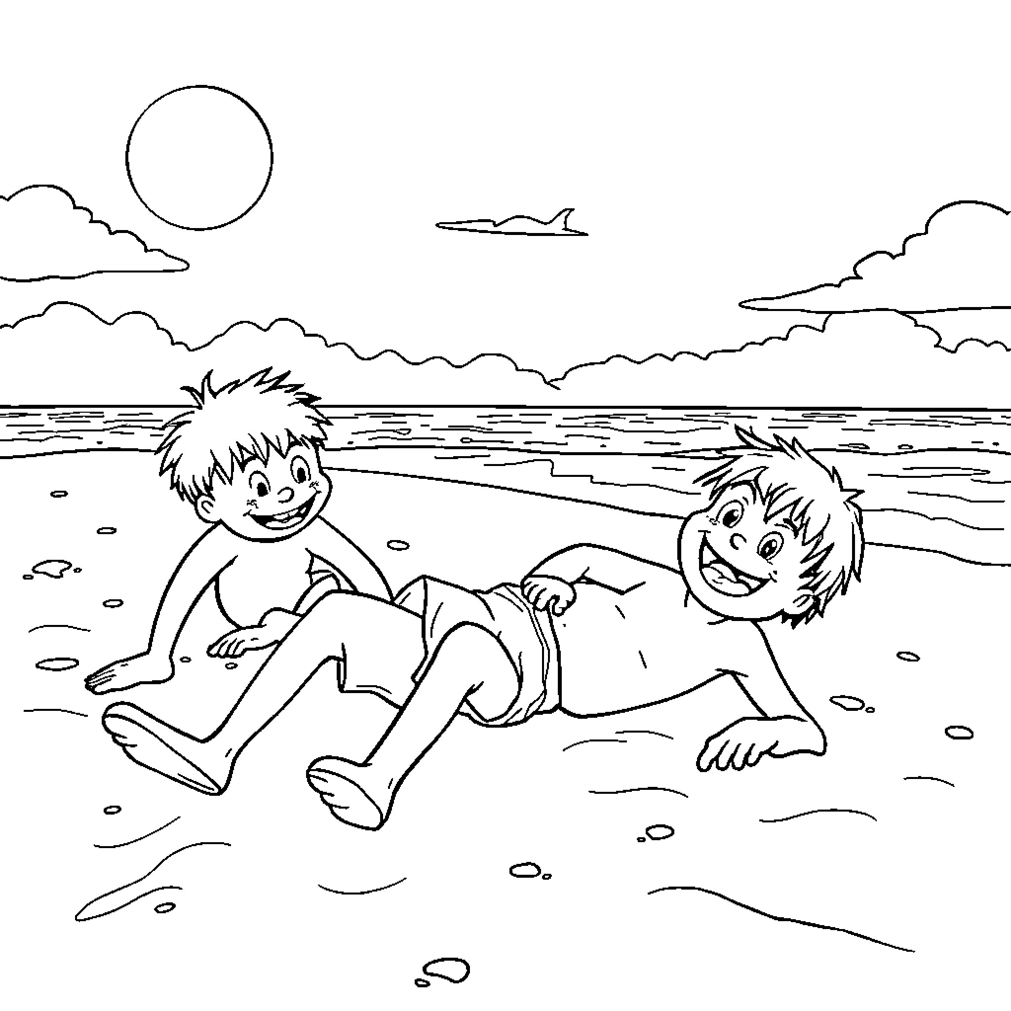 Stumble Guy enjoys a day at the beach Coloring Page (free black-and-white line drawing printable PDF for all, from beginners to advanced learners, including children, teens, adults, and seniors)