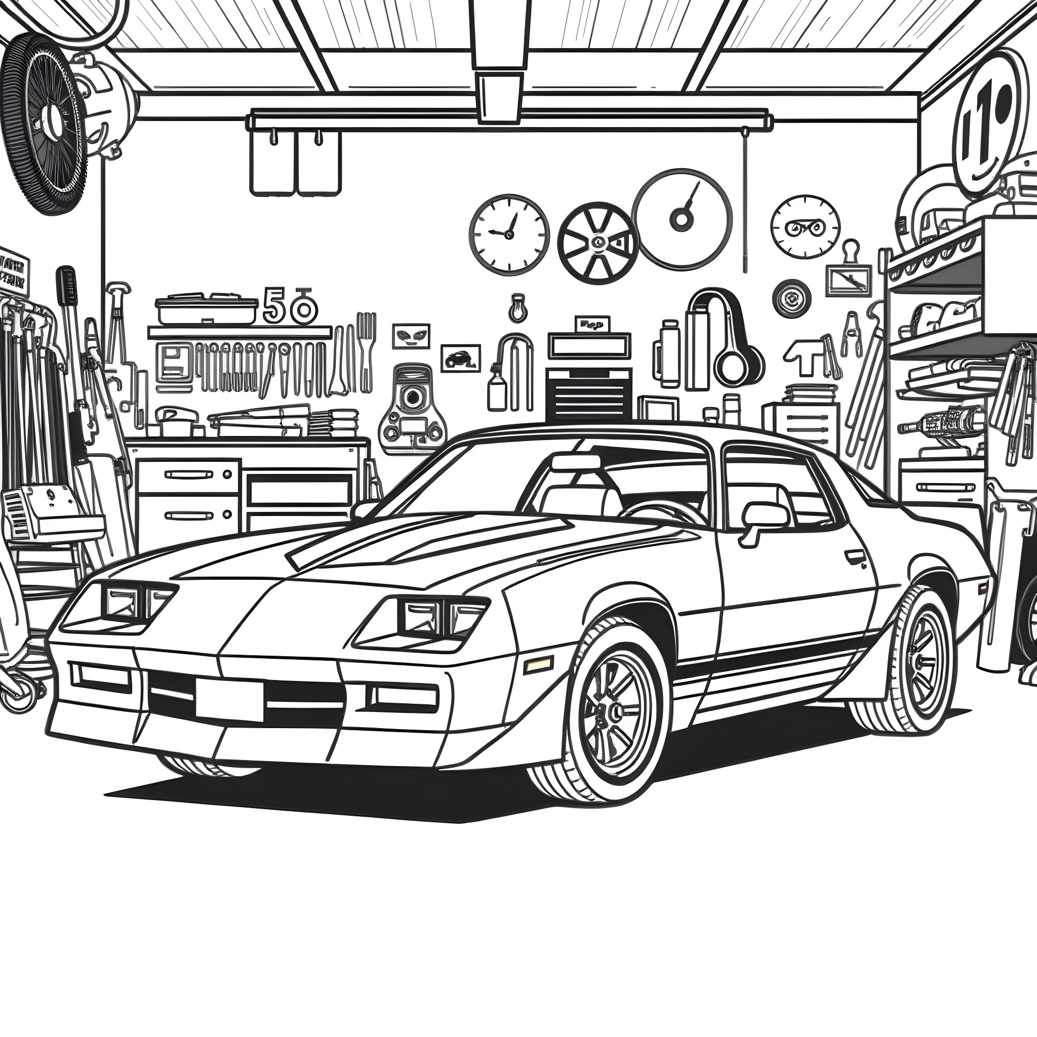 Camaro in a Garage Workshop Coloring Page (free black-and-white line drawing printable PDF for all, from beginners to advanced learners, including children, teens, adults, and seniors)