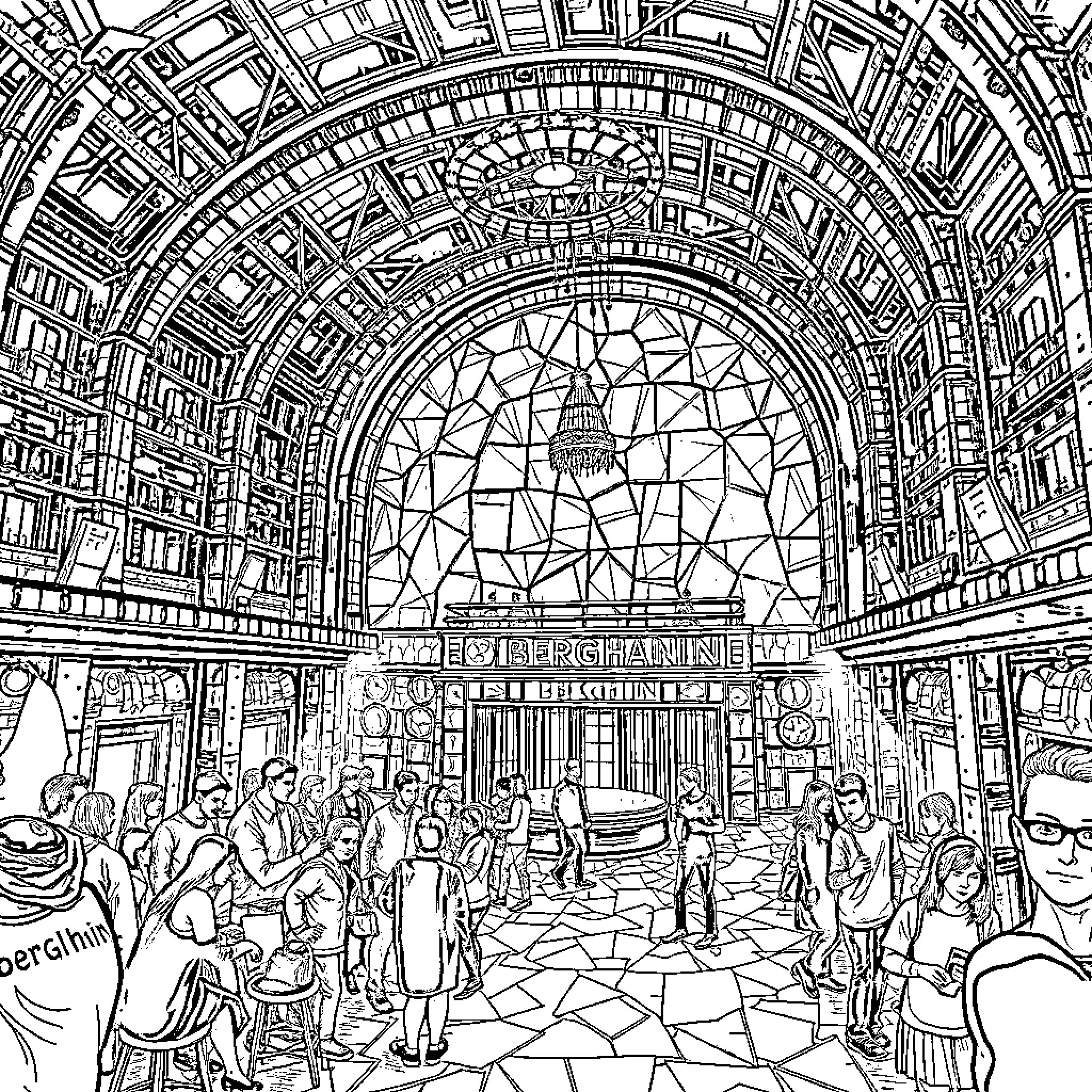 Berghain: Vibrant Nightlife Captured in Architectural Splendor Coloring Page (free black-and-white line drawing printable PDF for all, from beginners to advanced learners, including children, teens, adults, and seniors)