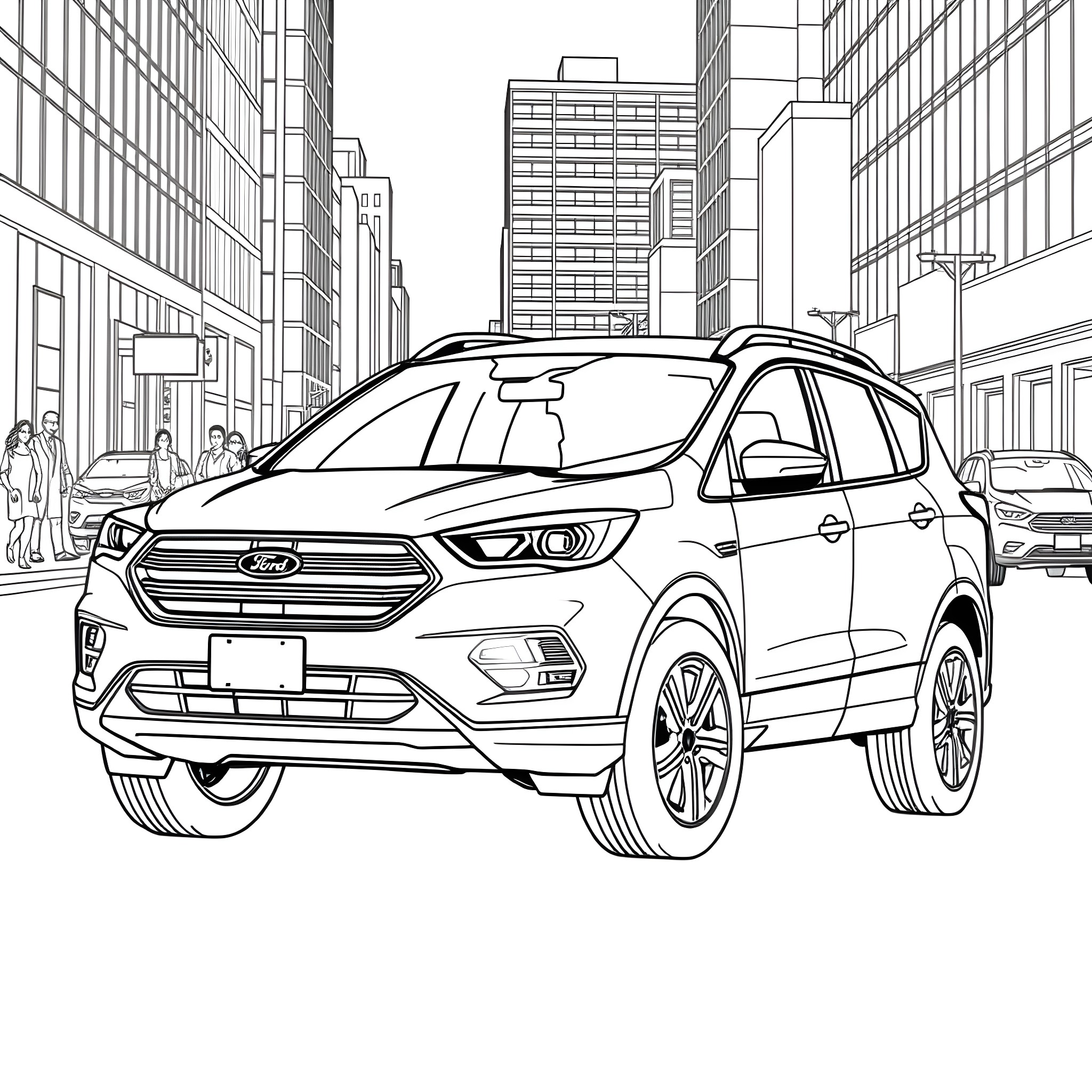 Ford Escape parked on city street Coloring Page (free black-and-white line drawing printable PDF for all, from beginners to advanced learners, including children, teens, adults, and seniors)
