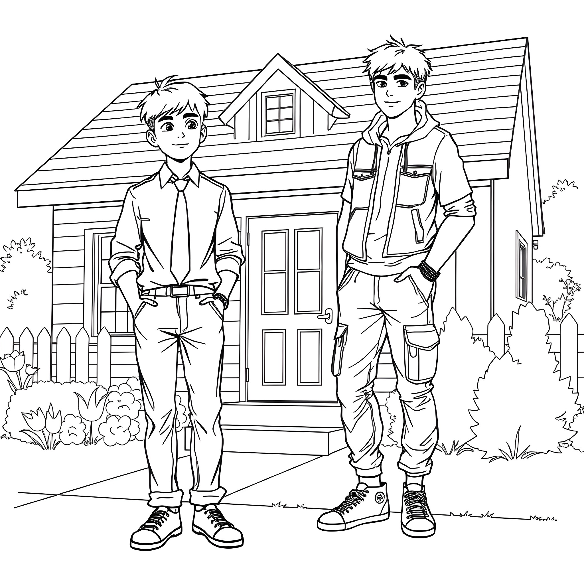 Teen Guys Standing Outside a House Coloring Page (free black-and-white line drawing printable PDF for all, from beginners to advanced learners, including children, teens, adults, and seniors)
