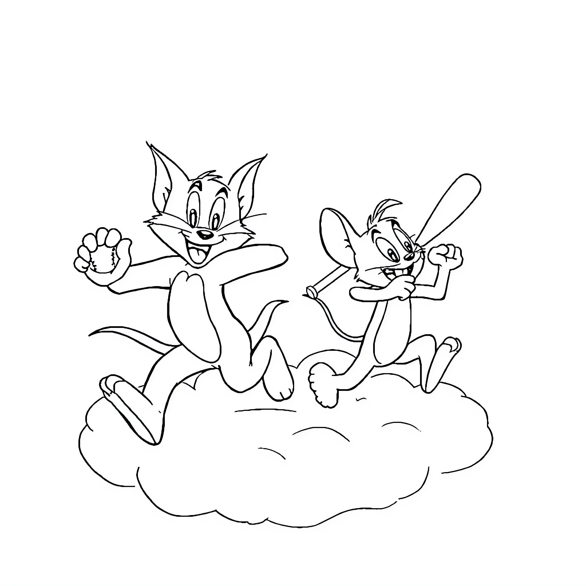 Tom and Jerry playing happily on a cloud Coloring Page (free black-and-white line drawing printable PDF for all, from beginners to advanced learners, including children, teens, adults, and seniors)