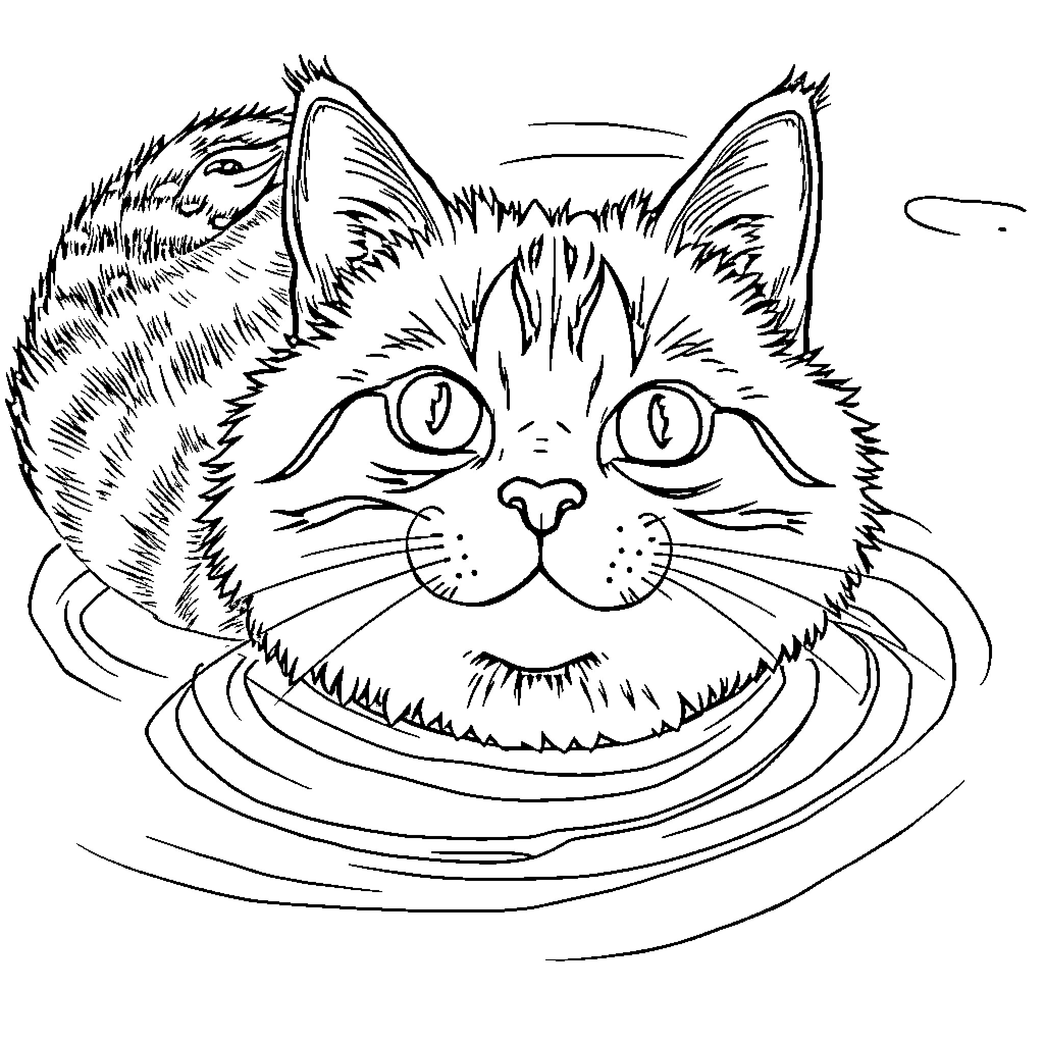 Cat peering curiously from a bowl Coloring Page (free black-and-white line drawing printable PDF for all, from beginners to advanced learners, including children, teens, adults, and seniors)
