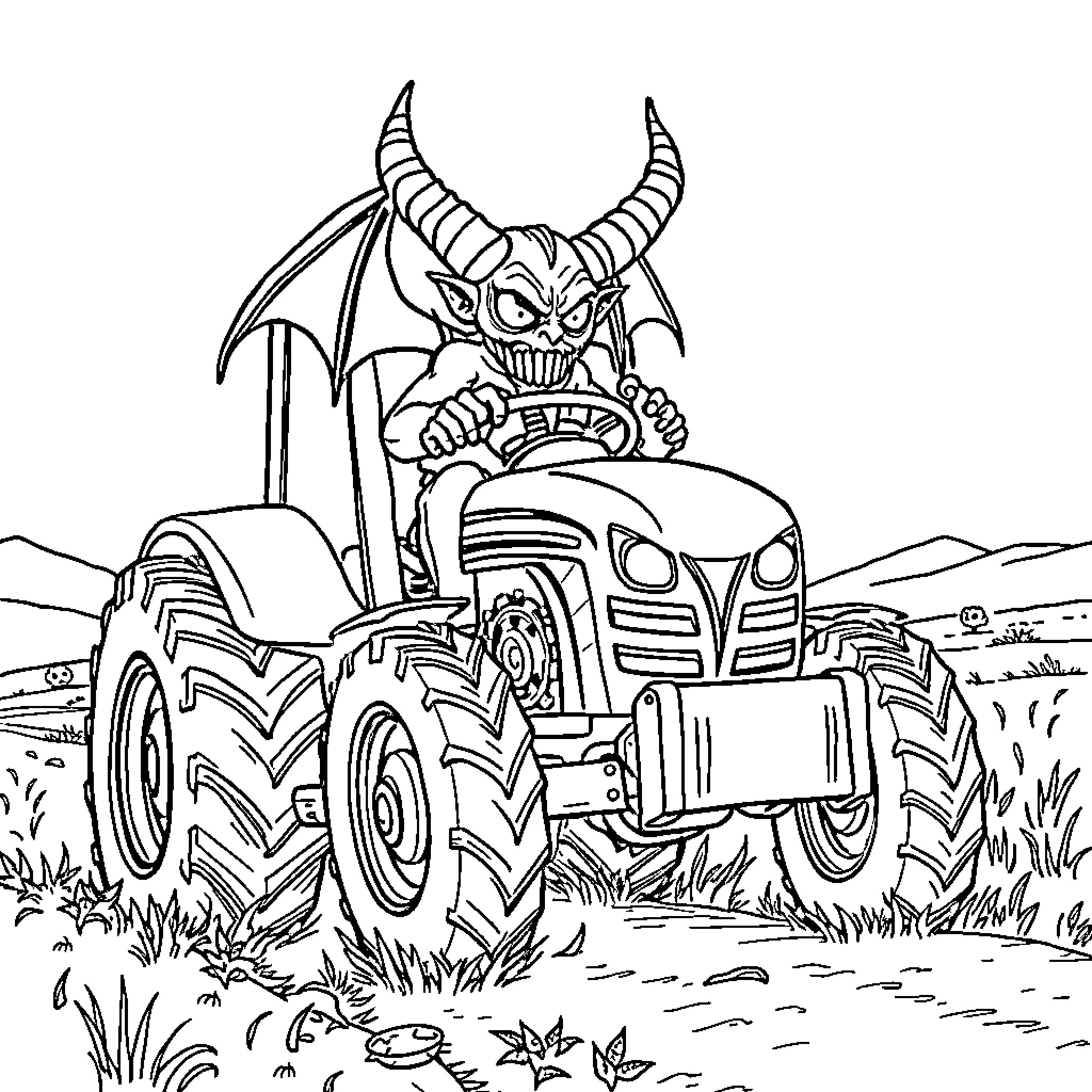 Demonio Driving Fearsome Tractor in Rugged Landscape Coloring Page (free black-and-white line drawing printable PDF for all, from beginners to advanced learners, including children, teens, adults, and seniors)