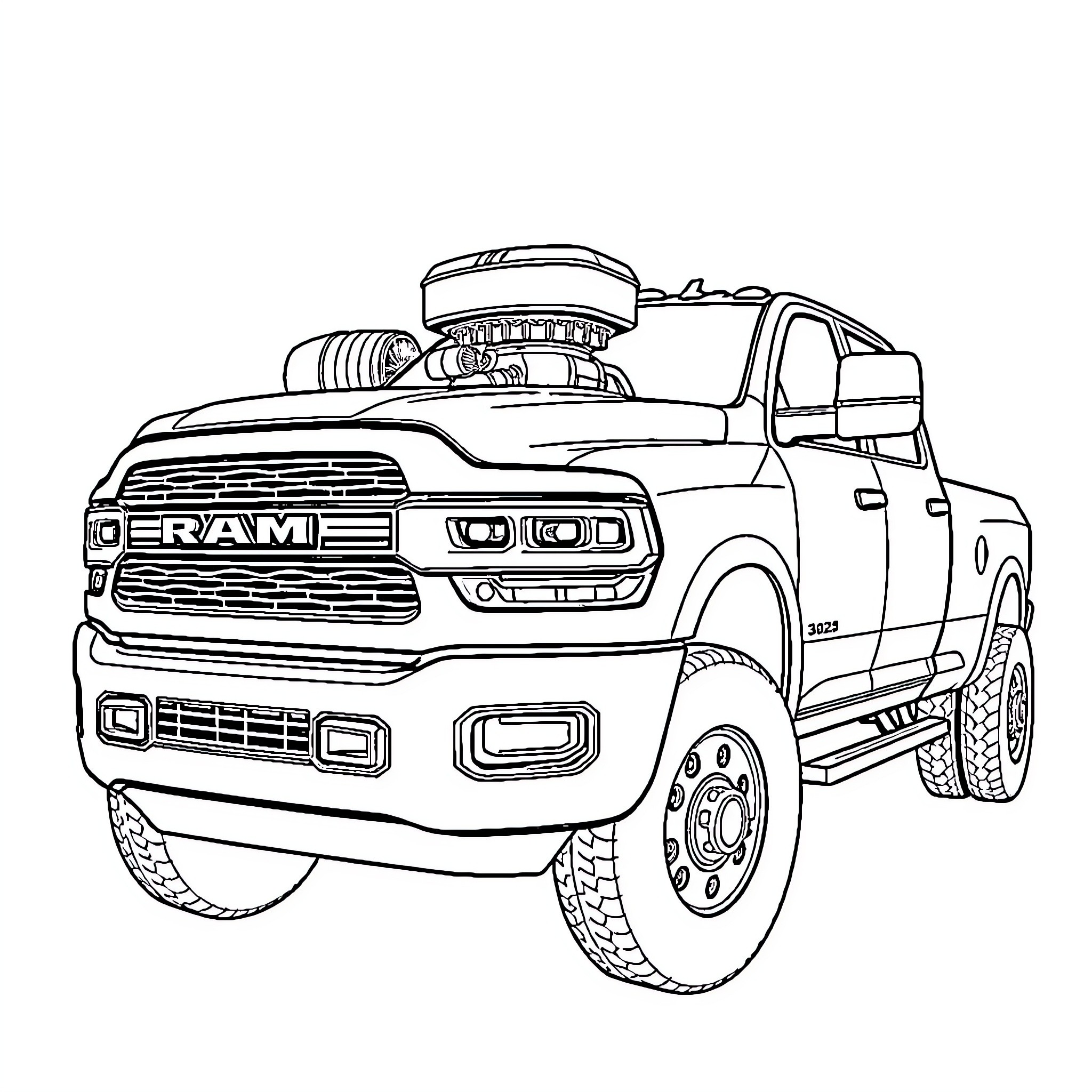 Ram truck with off-road accessories Coloring Page (free black-and-white line drawing printable PDF for all, from beginners to advanced learners, including children, teens, adults, and seniors)