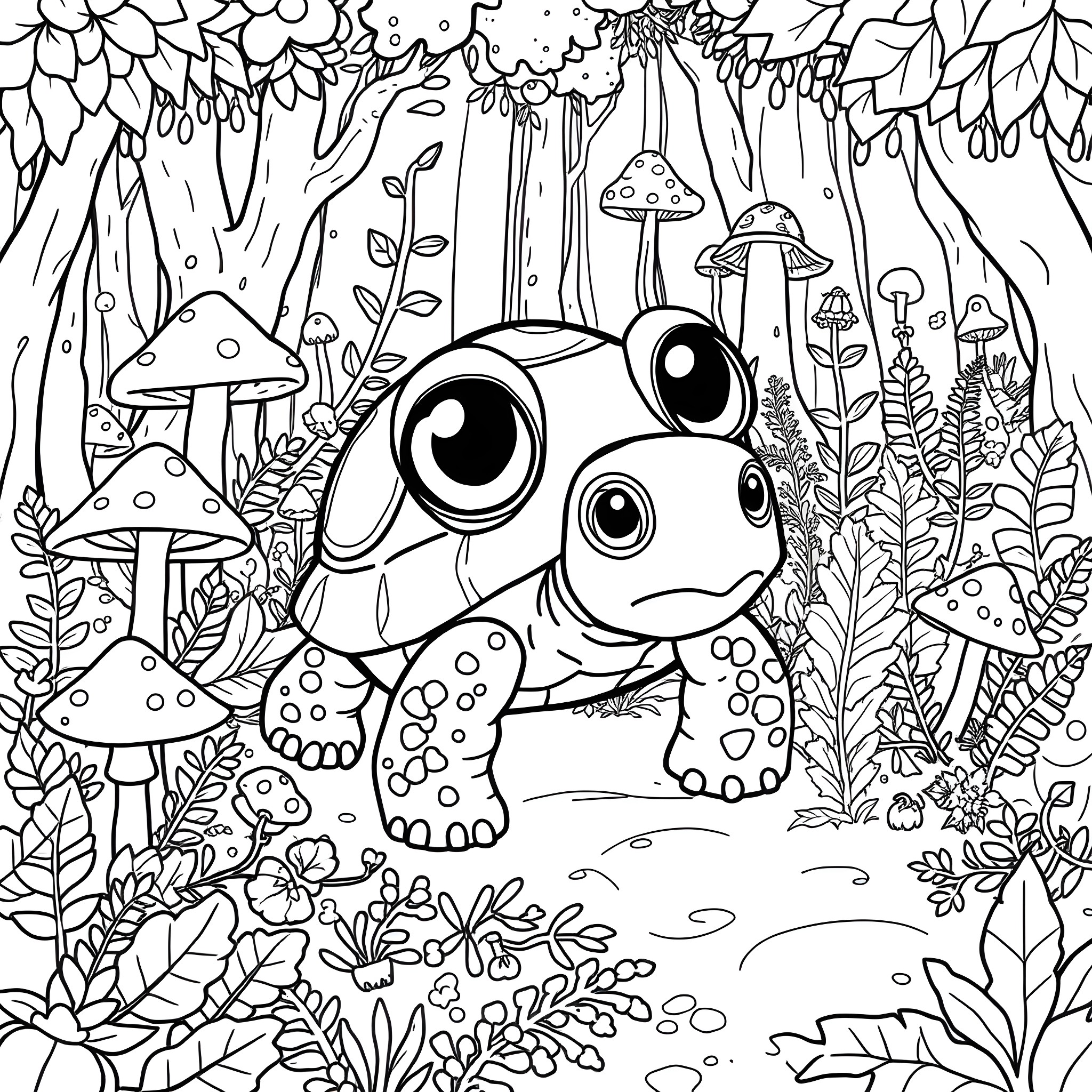 Turtle exploring the enchanted forest Coloring Page (free black-and-white line drawing printable PDF for all, from beginners to advanced learners, including children, teens, adults, and seniors)