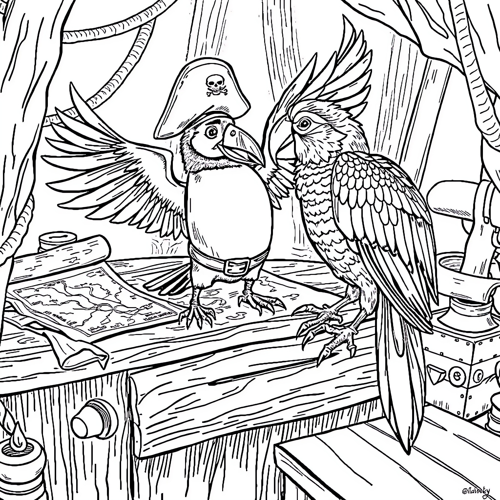 Puffin Pirates Explore the Enchanted Forest Coloring Page (free black-and-white line drawing printable PDF for all, from beginners to advanced learners, including children, teens, adults, and seniors)