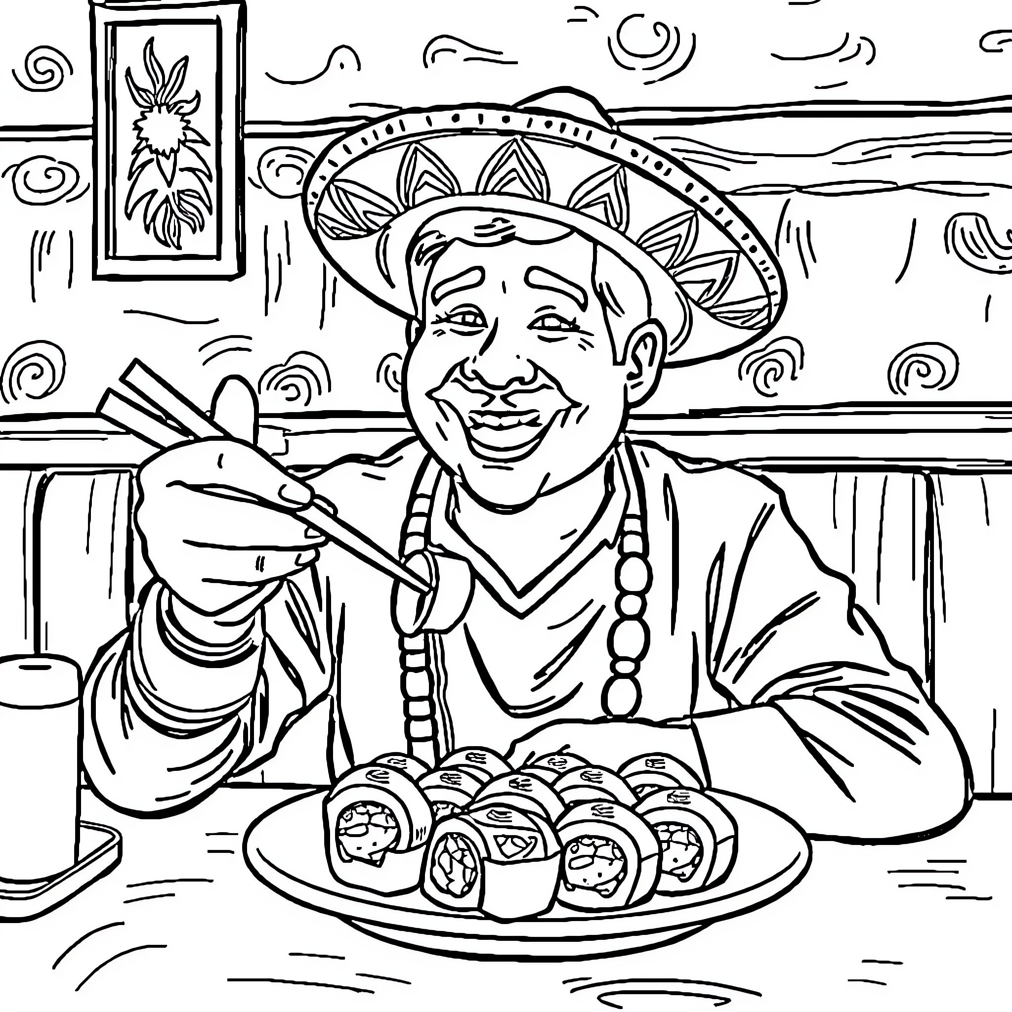Mexican Man Enjoying Traditional Cuisine Coloring Page (free black-and-white line drawing printable PDF for all, from beginners to advanced learners, including children, teens, adults, and seniors)