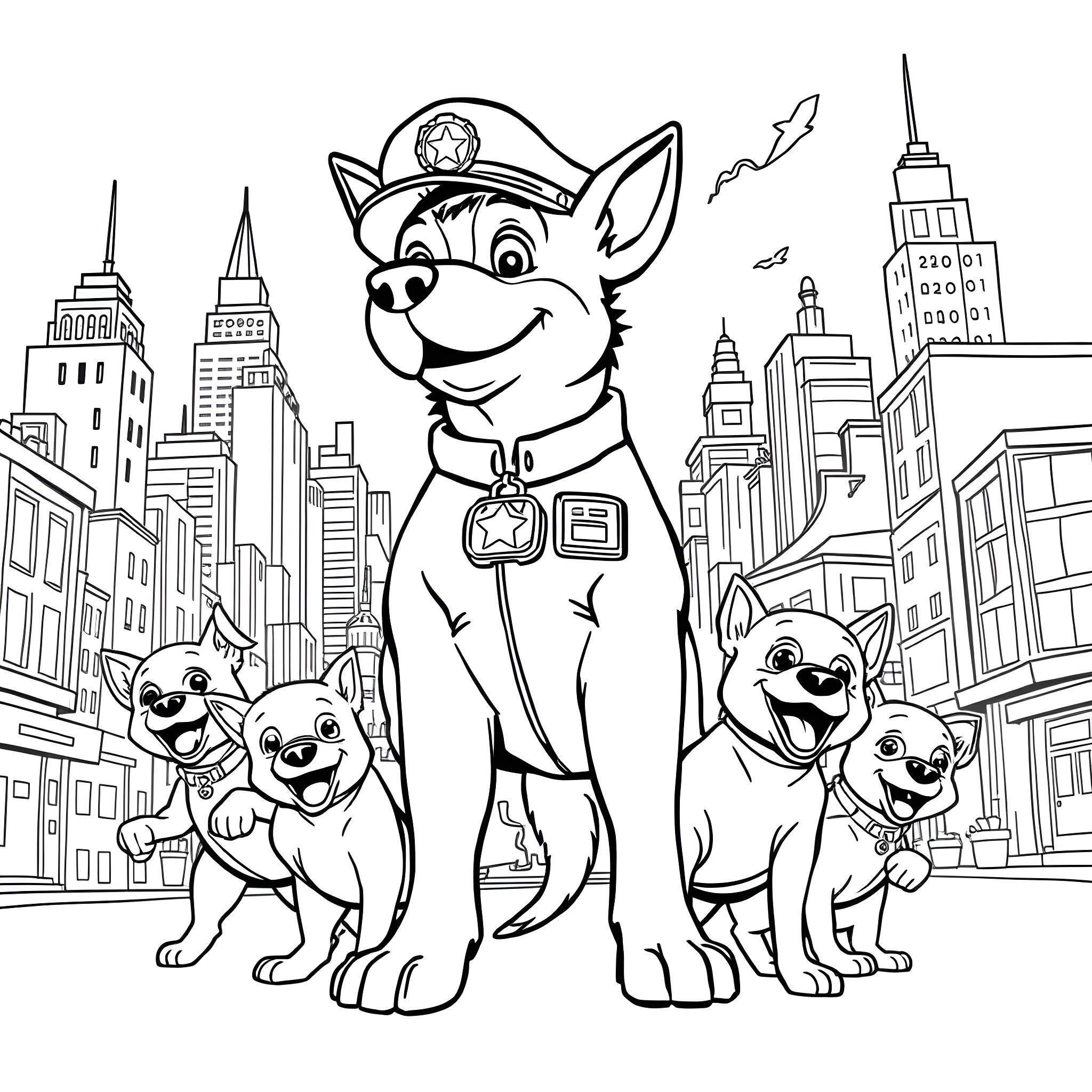 Dogman and his canine companions explore the city Coloring Page (free black-and-white line drawing printable PDF for all, from beginners to advanced learners, including children, teens, adults, and seniors)