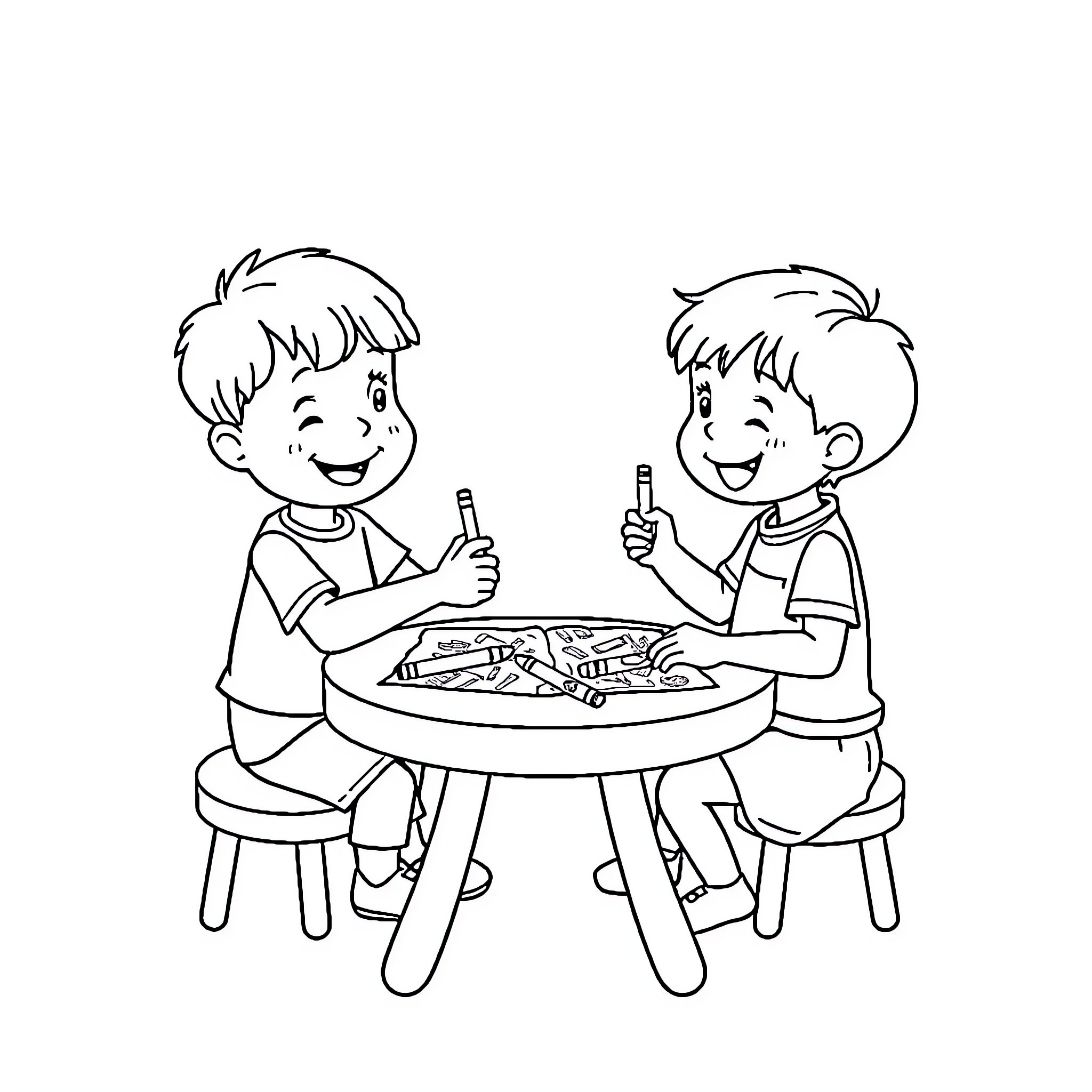 Kid coloring together with friend at table Coloring Page (free black-and-white line drawing printable PDF for all, from beginners to advanced learners, including children, teens, adults, and seniors)