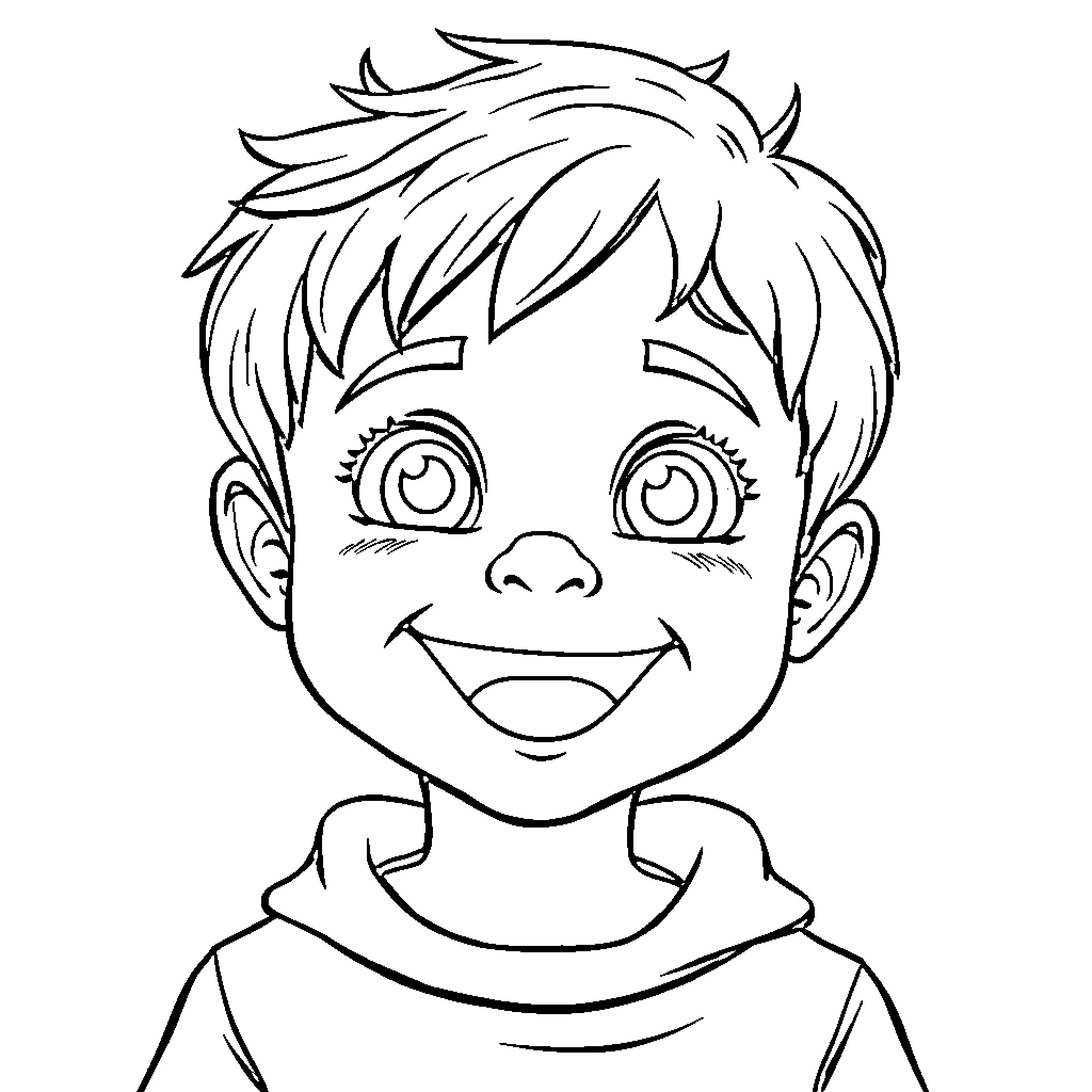 Boy smiling happily with playful expression Coloring Page (free black-and-white line drawing printable PDF for all, from beginners to advanced learners, including children, teens, adults, and seniors)