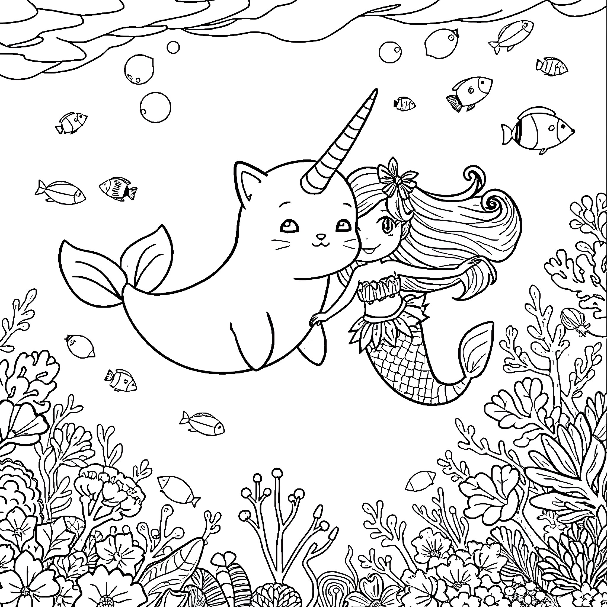 Narwhal and Mermaid Cat Playing in Underwater Scene Coloring Page (free black-and-white line drawing printable PDF for all, from beginners to advanced learners, including children, teens, adults, and seniors)