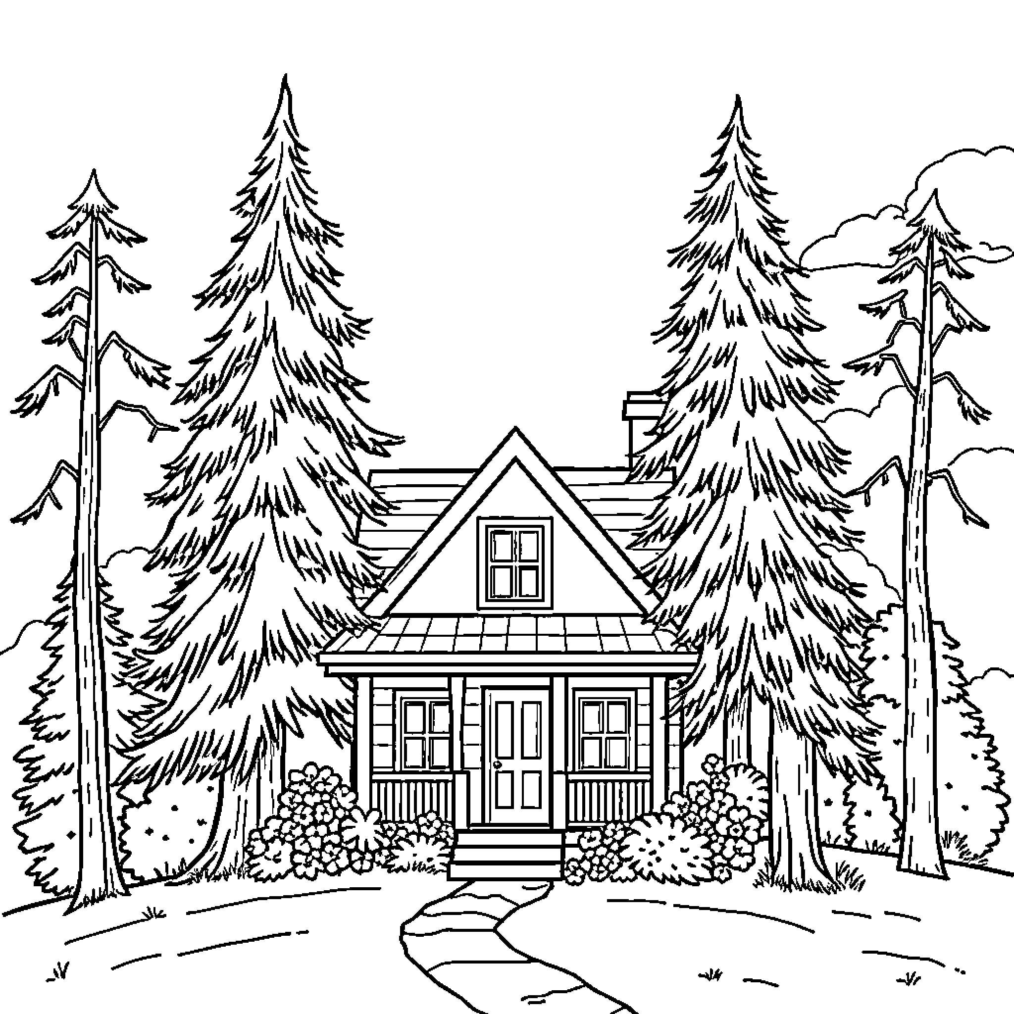 Summer House in Tranquil Forest Retreat Coloring Page (free black-and-white line drawing printable PDF for all, from beginners to advanced learners, including children, teens, adults, and seniors)