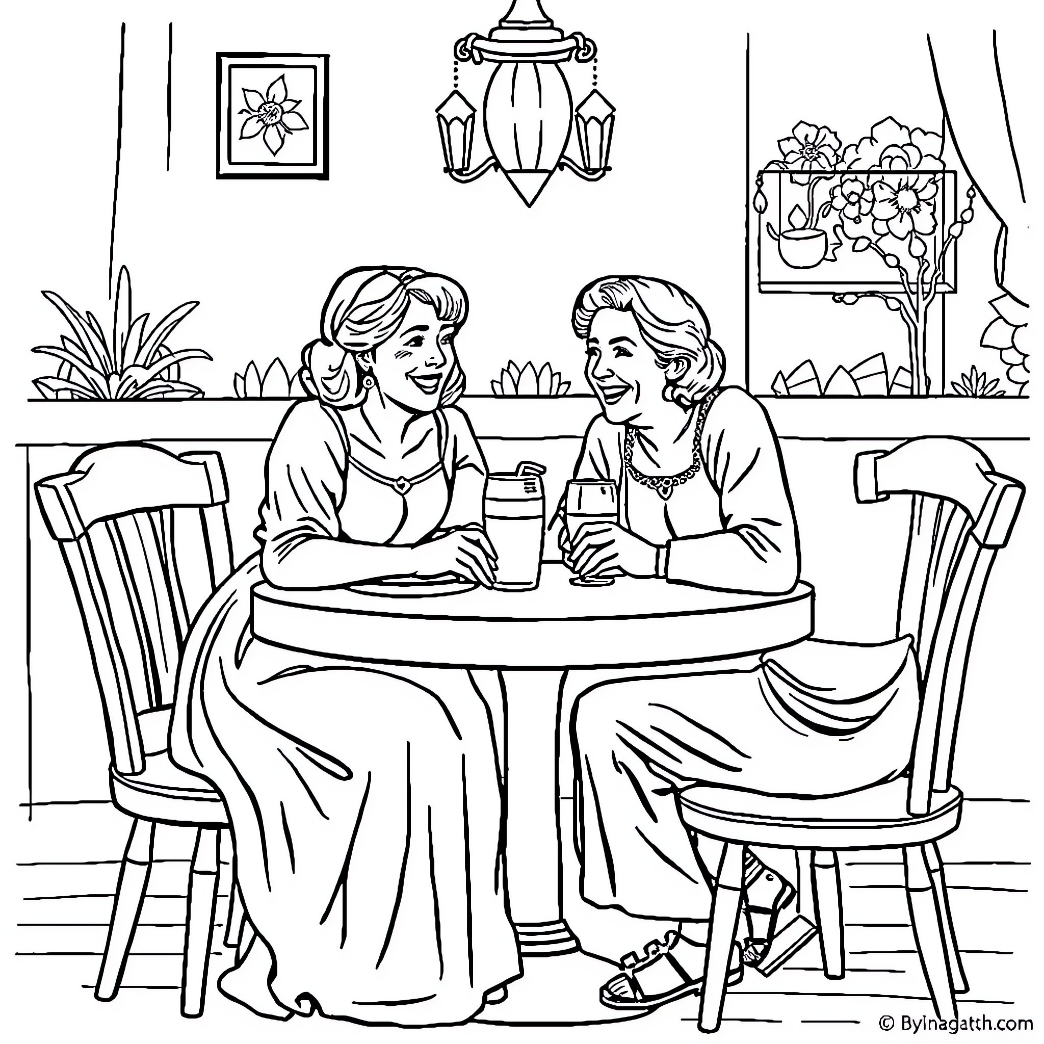 Buurvrouw enjoy cozy conversation in living room Coloring Page (free black-and-white line drawing printable PDF for all, from beginners to advanced learners, including children, teens, adults, and seniors)
