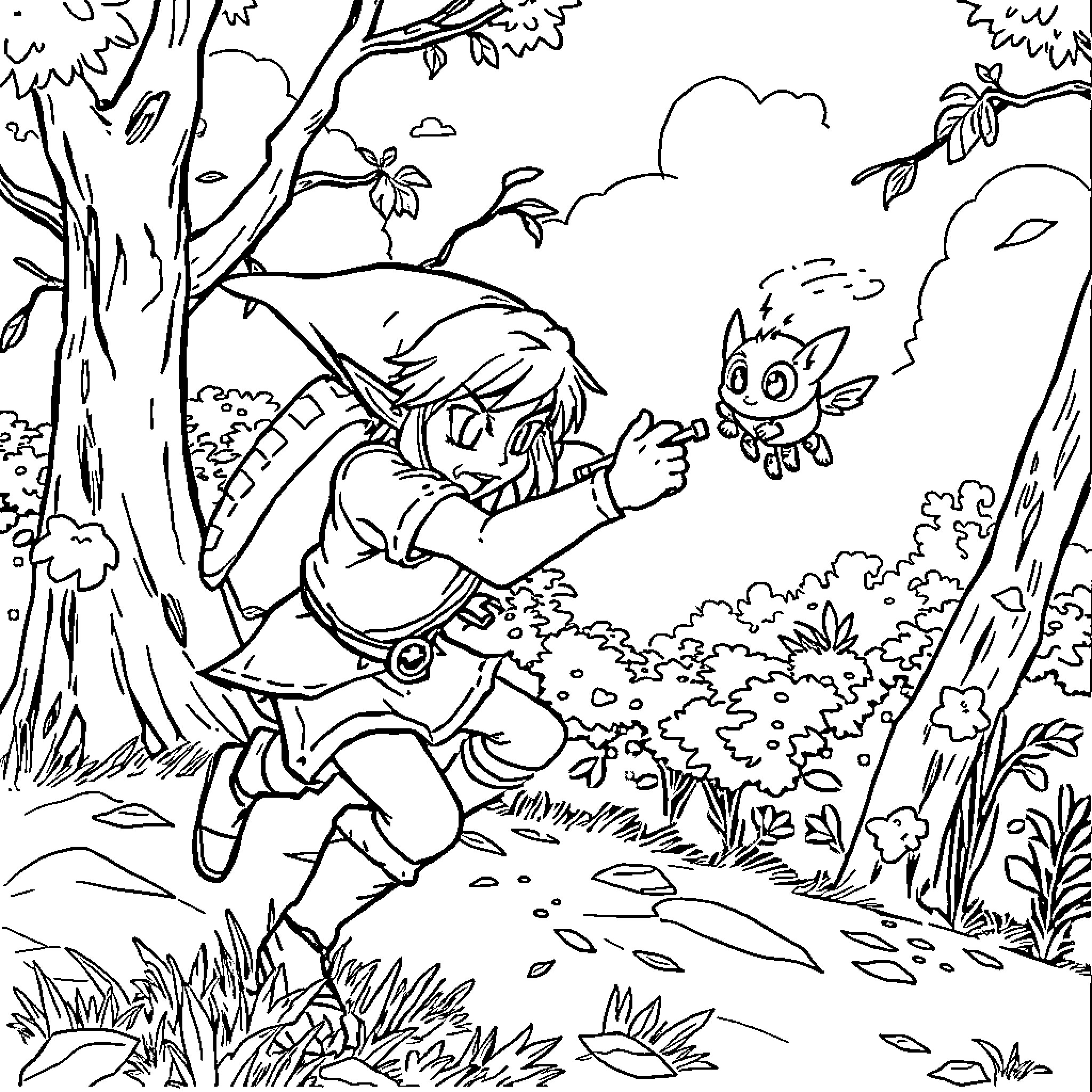 Link exploring the magical forest with a companion Coloring Page (free black-and-white line drawing printable PDF for all, from beginners to advanced learners, including children, teens, adults, and seniors)