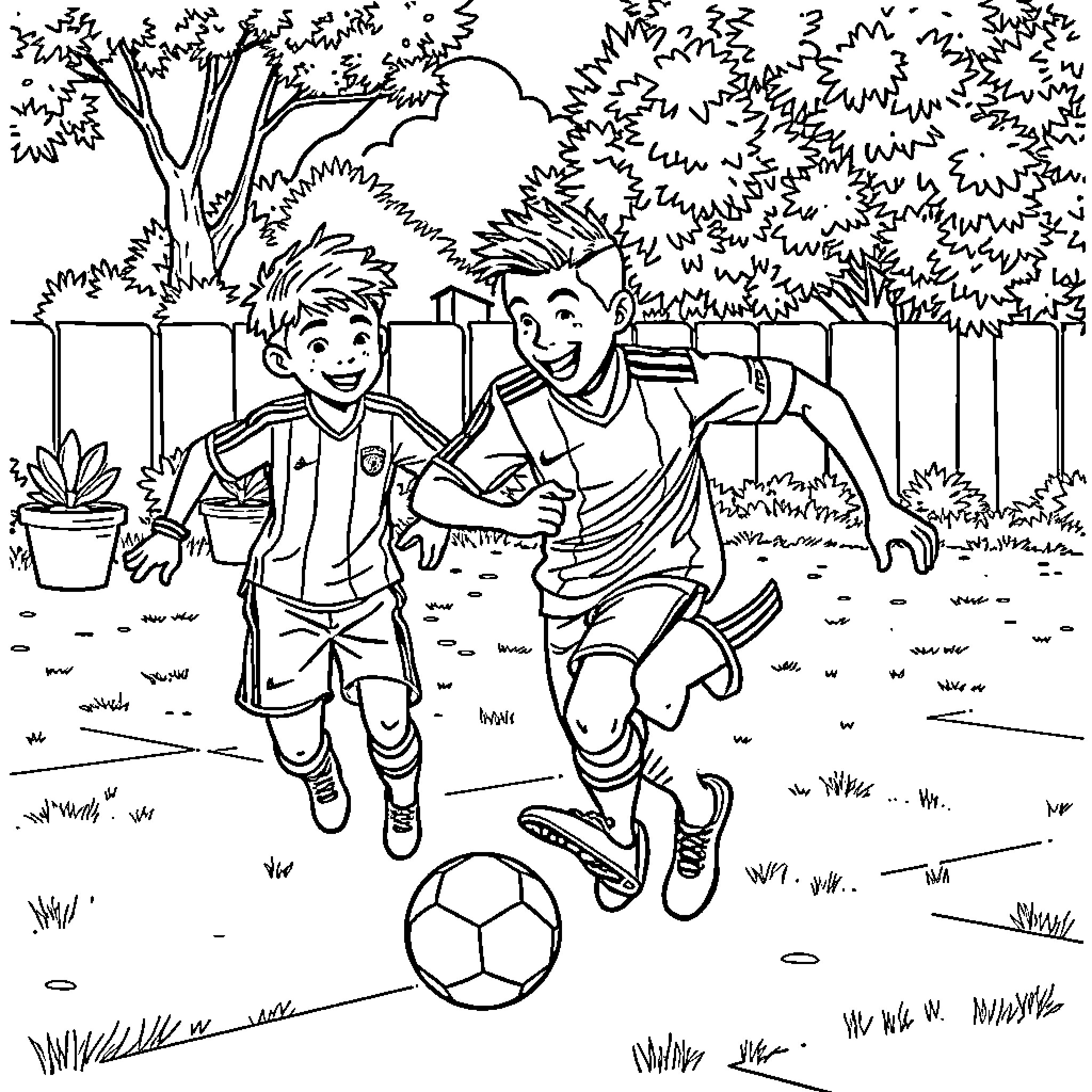 Ronaldo's Friendly Soccer Match in the Park Coloring Page (free black-and-white line drawing printable PDF for all, from beginners to advanced learners, including children, teens, adults, and seniors)