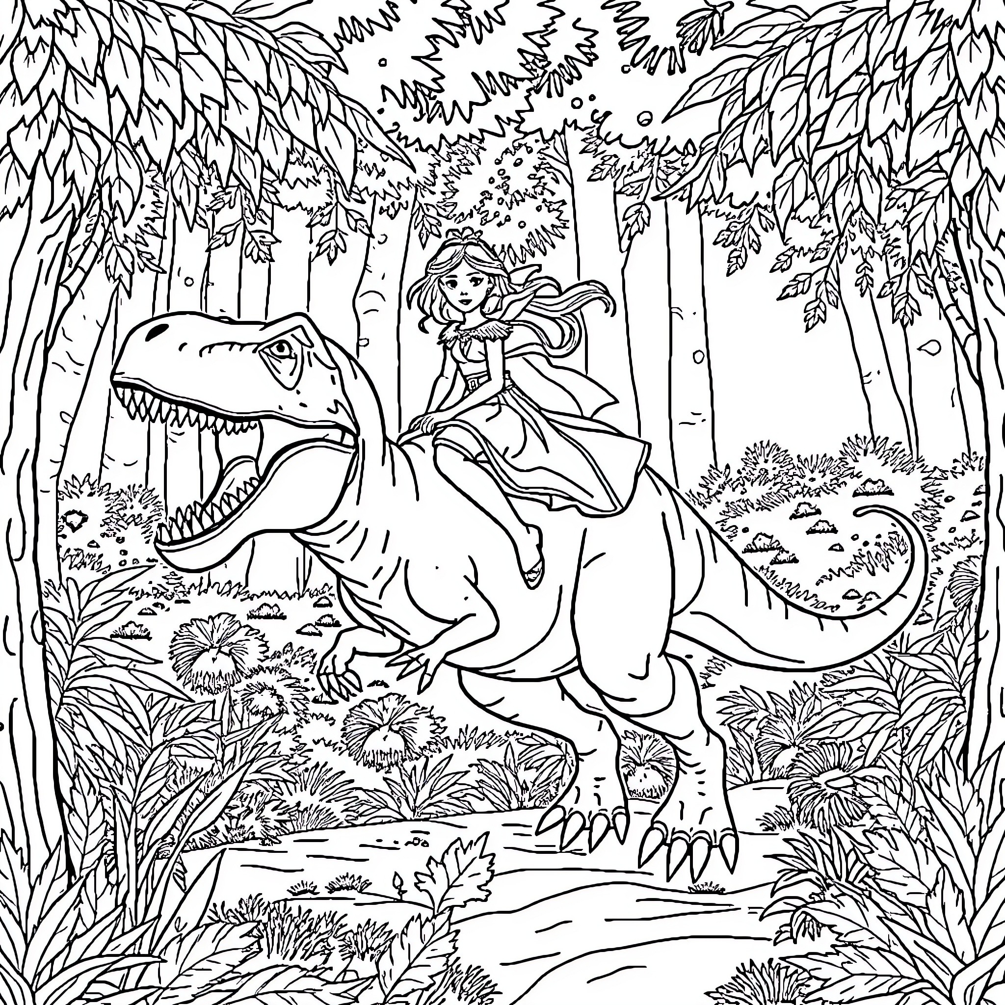 Princess Riding a Mythical Creature in the Forest Coloring Page (free black-and-white line drawing printable PDF for all, from beginners to advanced learners, including children, teens, adults, and seniors)