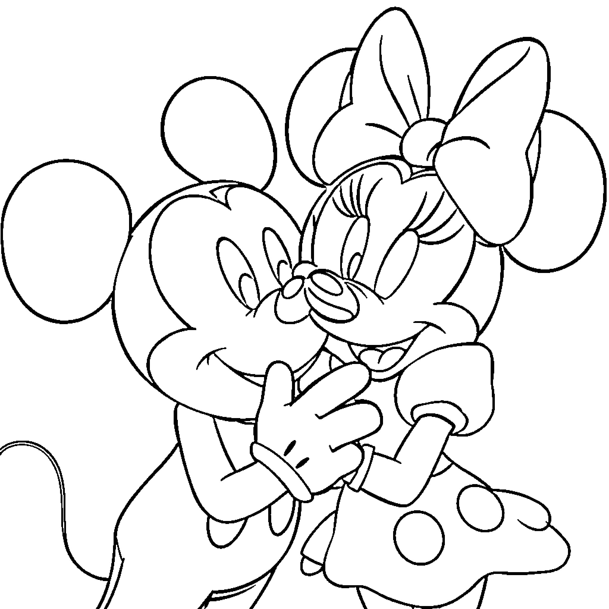Mickey and Minnie Mouse embracing lovingly Coloring Page (free black-and-white line drawing printable PDF for all, from beginners to advanced learners, including children, teens, adults, and seniors)