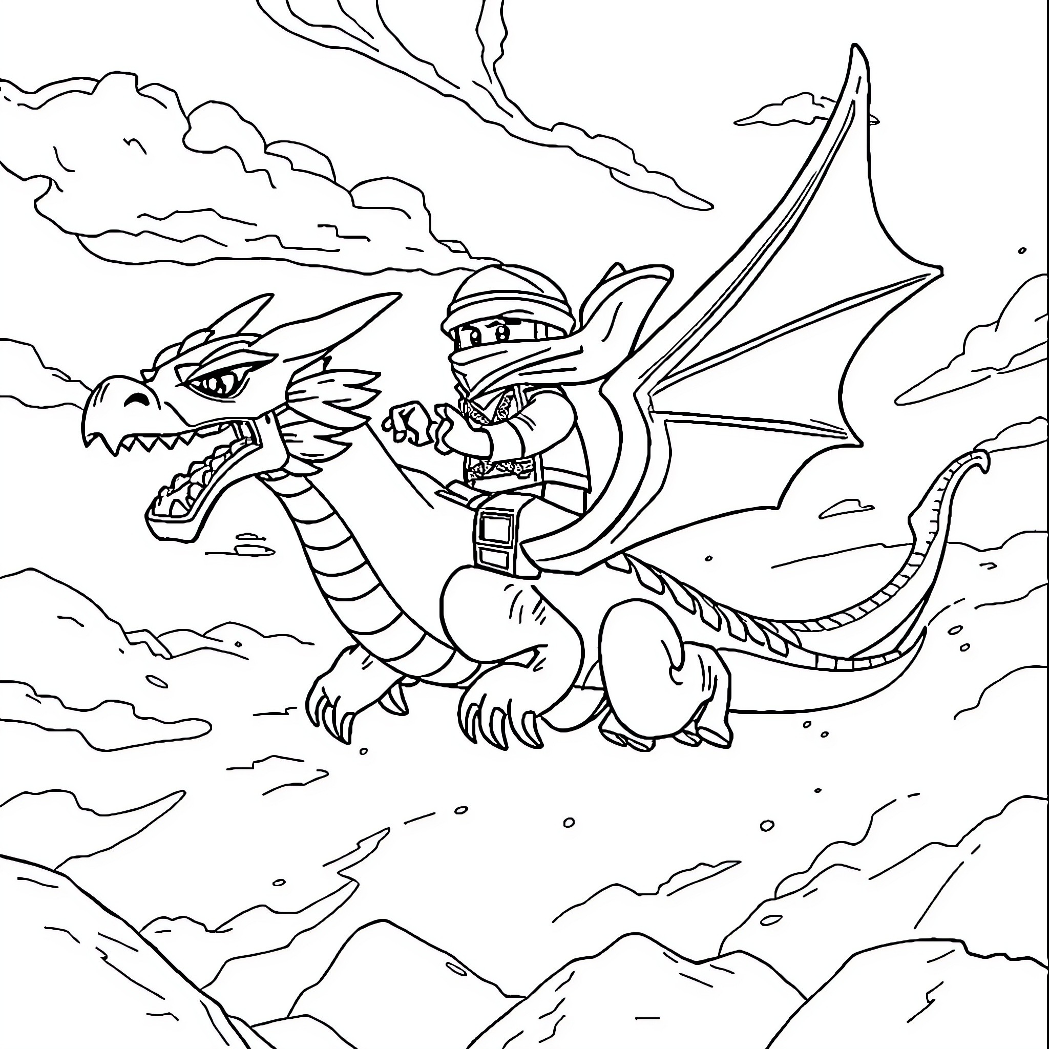 Ninjago dragon warriors in epic battle Coloring Page (free black-and-white line drawing printable PDF for all, from beginners to advanced learners, including children, teens, adults, and seniors)