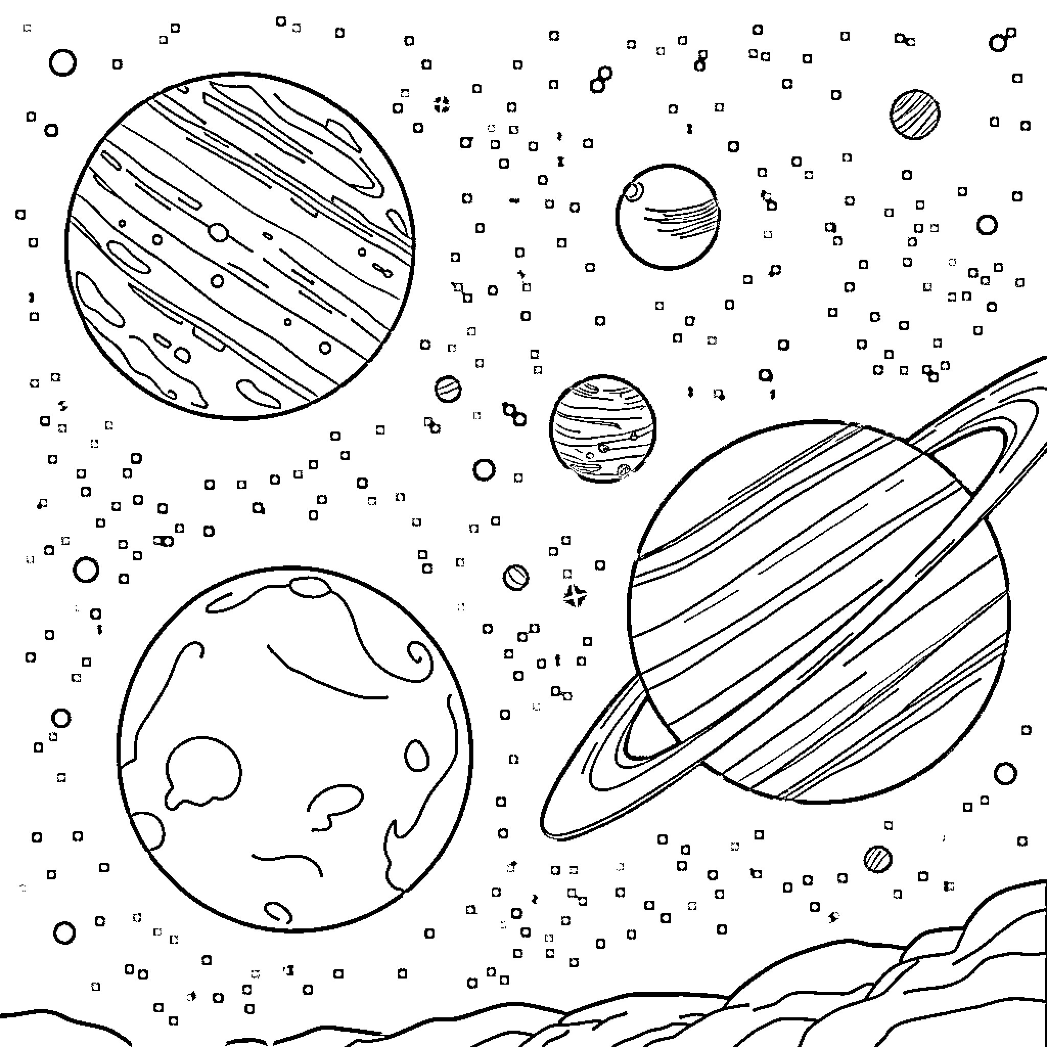 Planet Exploration in Cosmic Wonderland Coloring Page (free black-and-white line drawing printable PDF for all, from beginners to advanced learners, including children, teens, adults, and seniors)