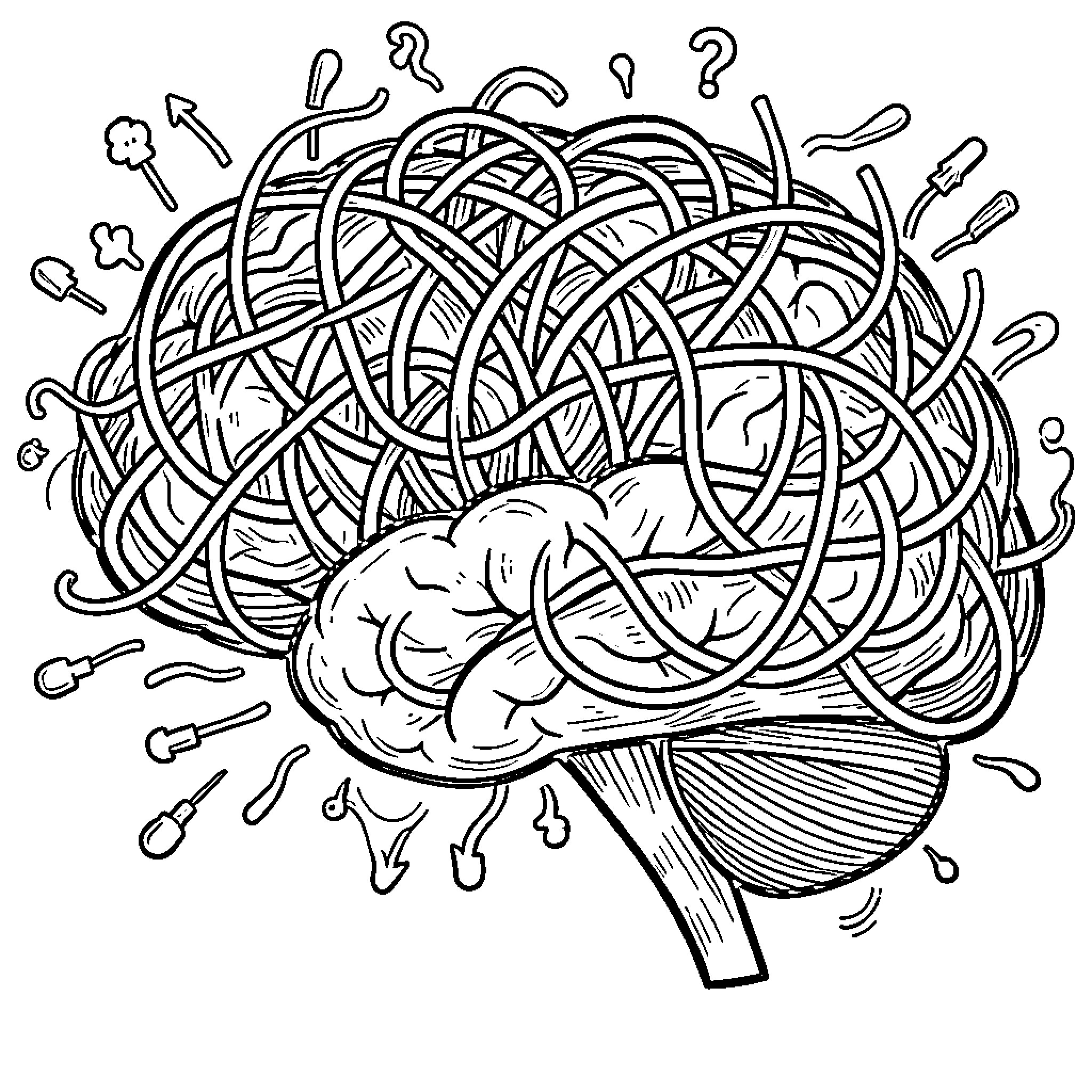 Brainrot: Tangled Thoughts and Chaos in the Mind Coloring Page (free black-and-white line drawing printable PDF for all, from beginners to advanced learners, including children, teens, adults, and seniors)