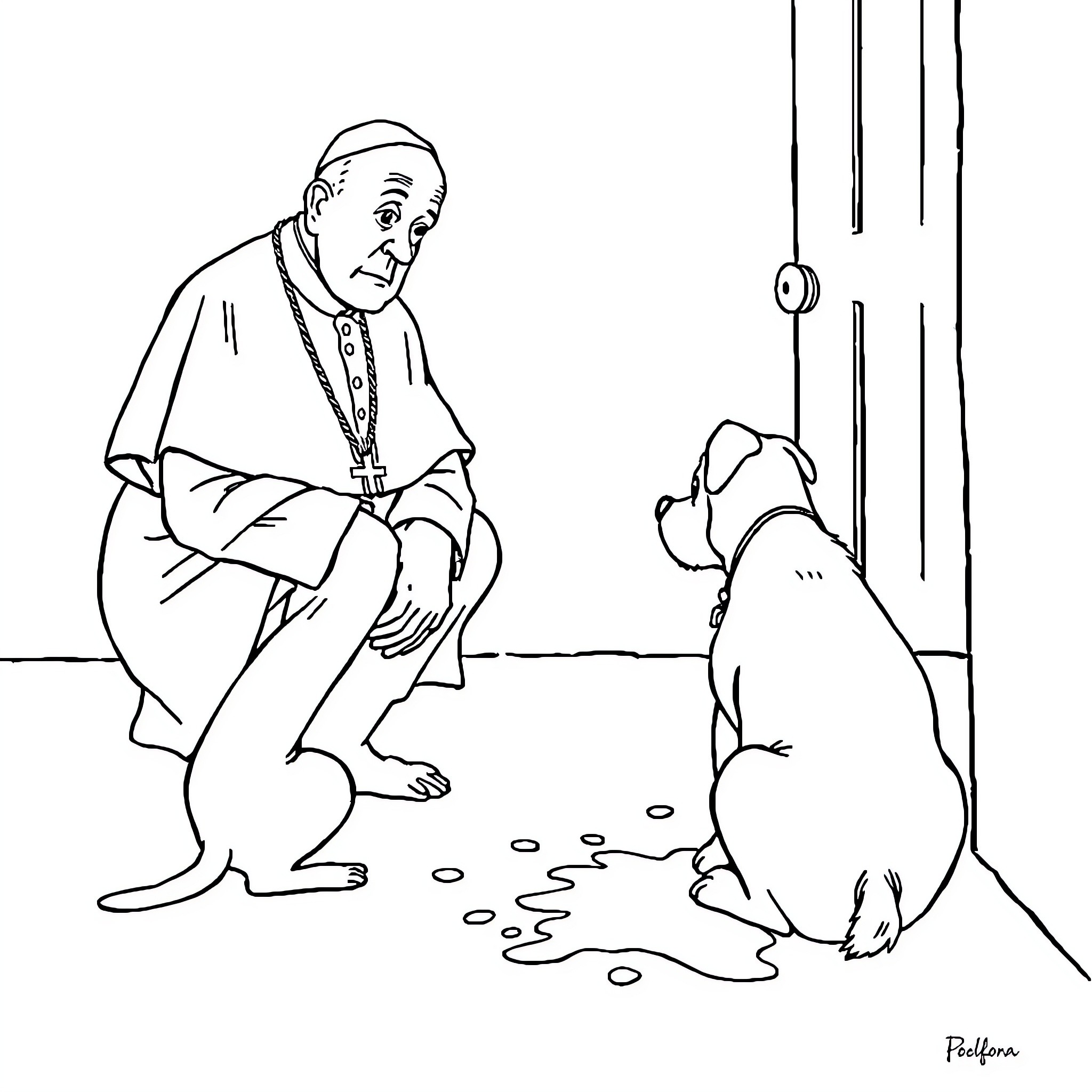 Dog befriending a holy man Coloring Page (free black-and-white line drawing printable PDF for all, from beginners to advanced learners, including children, teens, adults, and seniors)