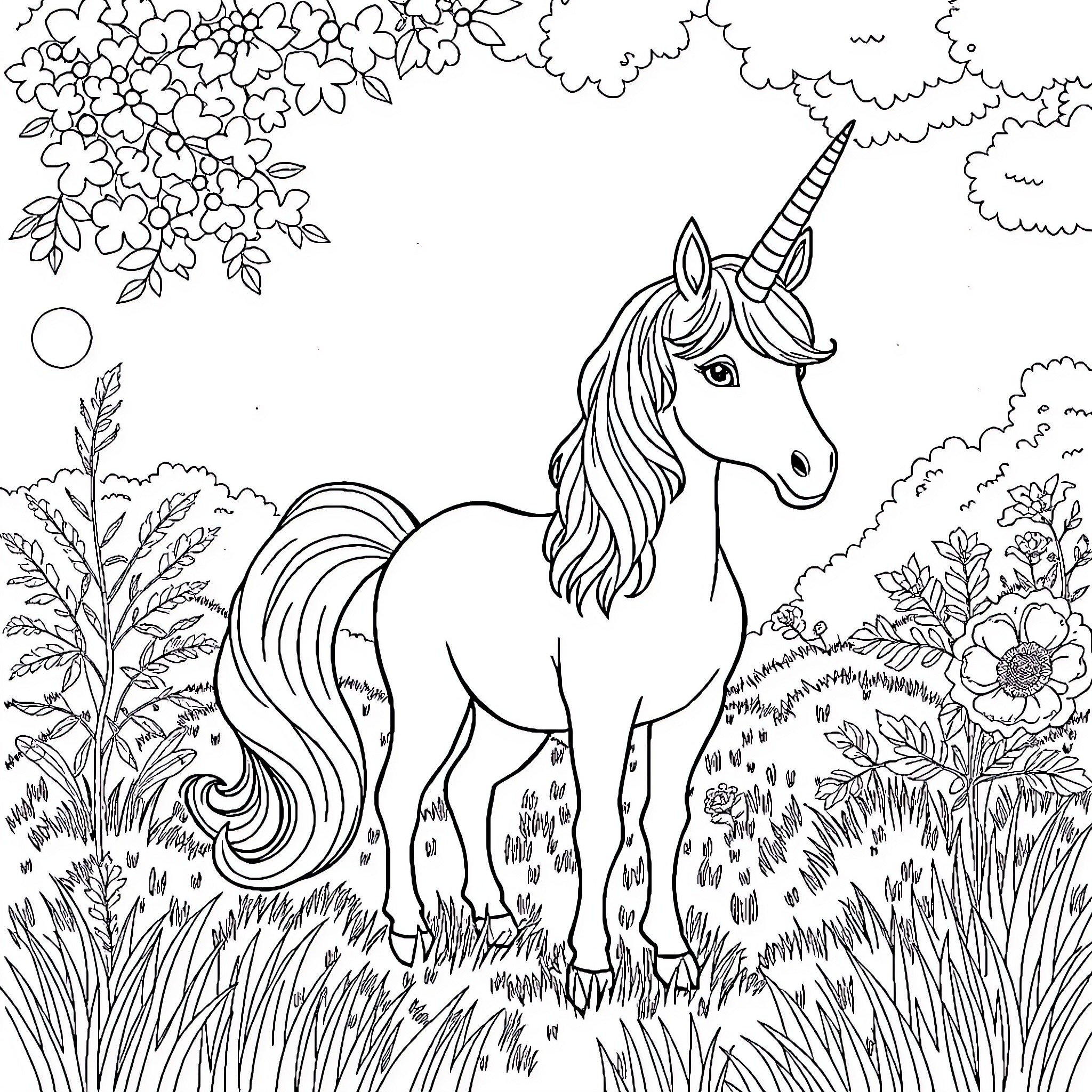 Unicorn in a magical floral meadow Coloring Page (free black-and-white line drawing printable PDF for all, from beginners to advanced learners, including children, teens, adults, and seniors)