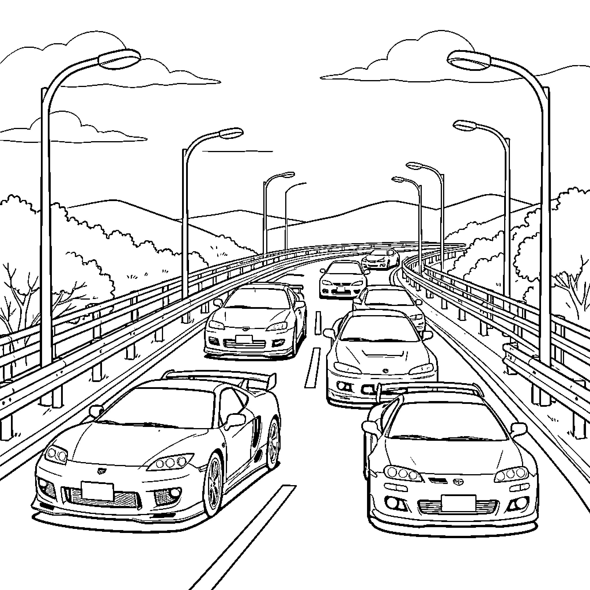 JDM Car convoy driving along a winding highway bridge Coloring Page (free black-and-white line drawing printable PDF for all, from beginners to advanced learners, including children, teens, adults, and seniors)