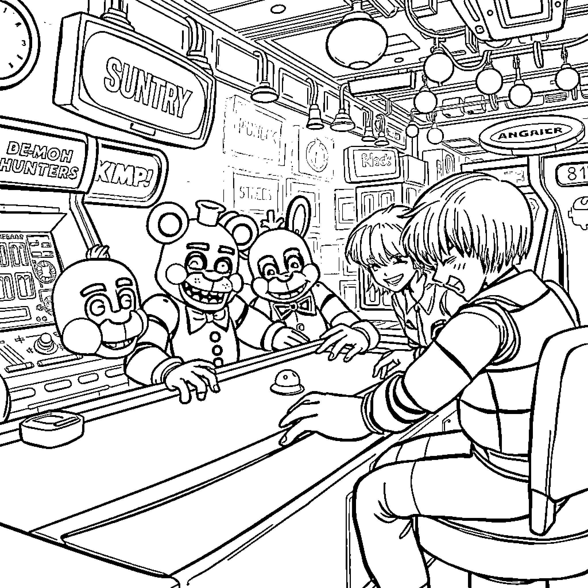 Freddy and Friends in Lively Arcade Adventure Coloring Page (free black-and-white line drawing printable PDF for all, from beginners to advanced learners, including children, teens, adults, and seniors)