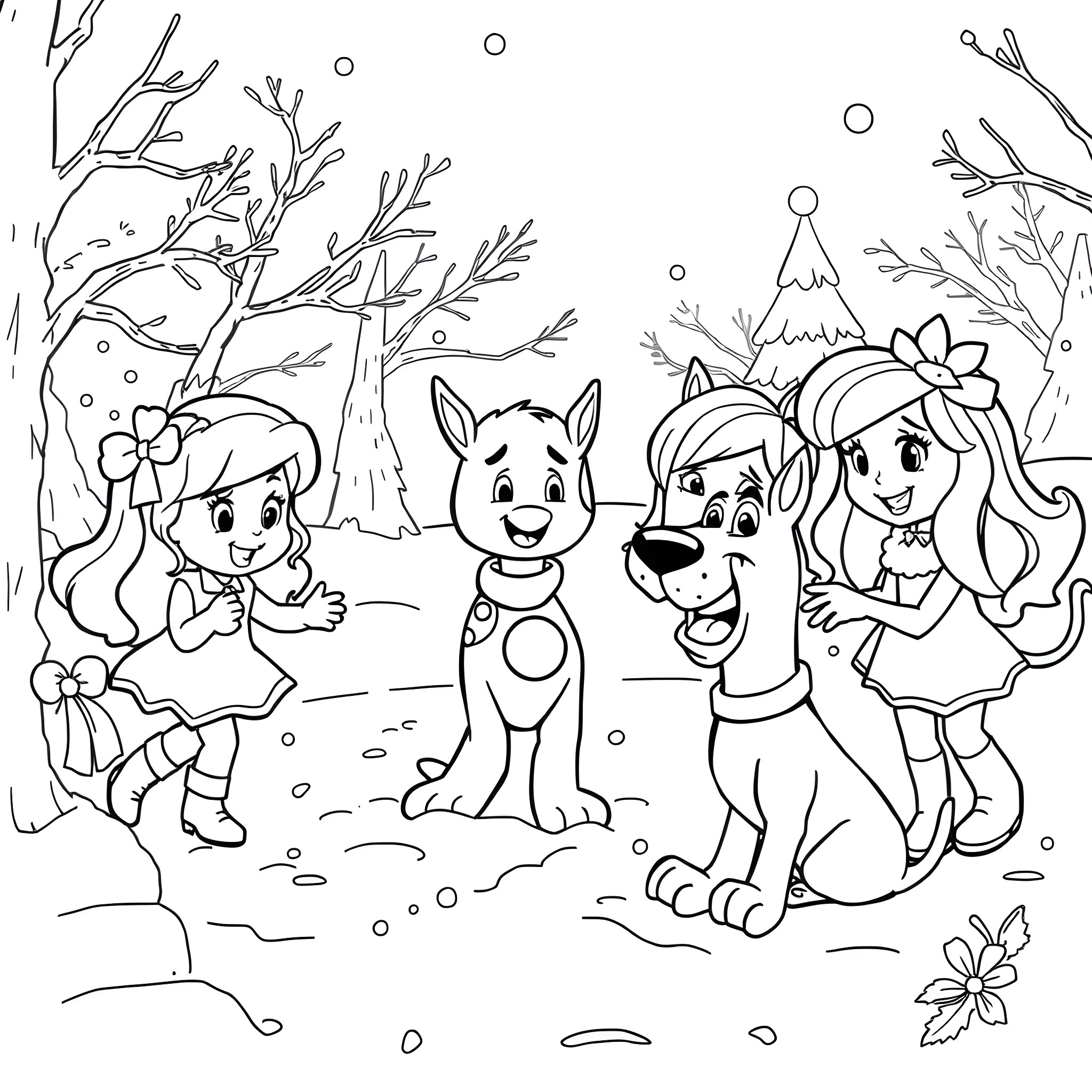 Strawberry Shortcake and friends explore the snowy forest Coloring Page (free black-and-white line drawing printable PDF for all, from beginners to advanced learners, including children, teens, adults, and seniors)