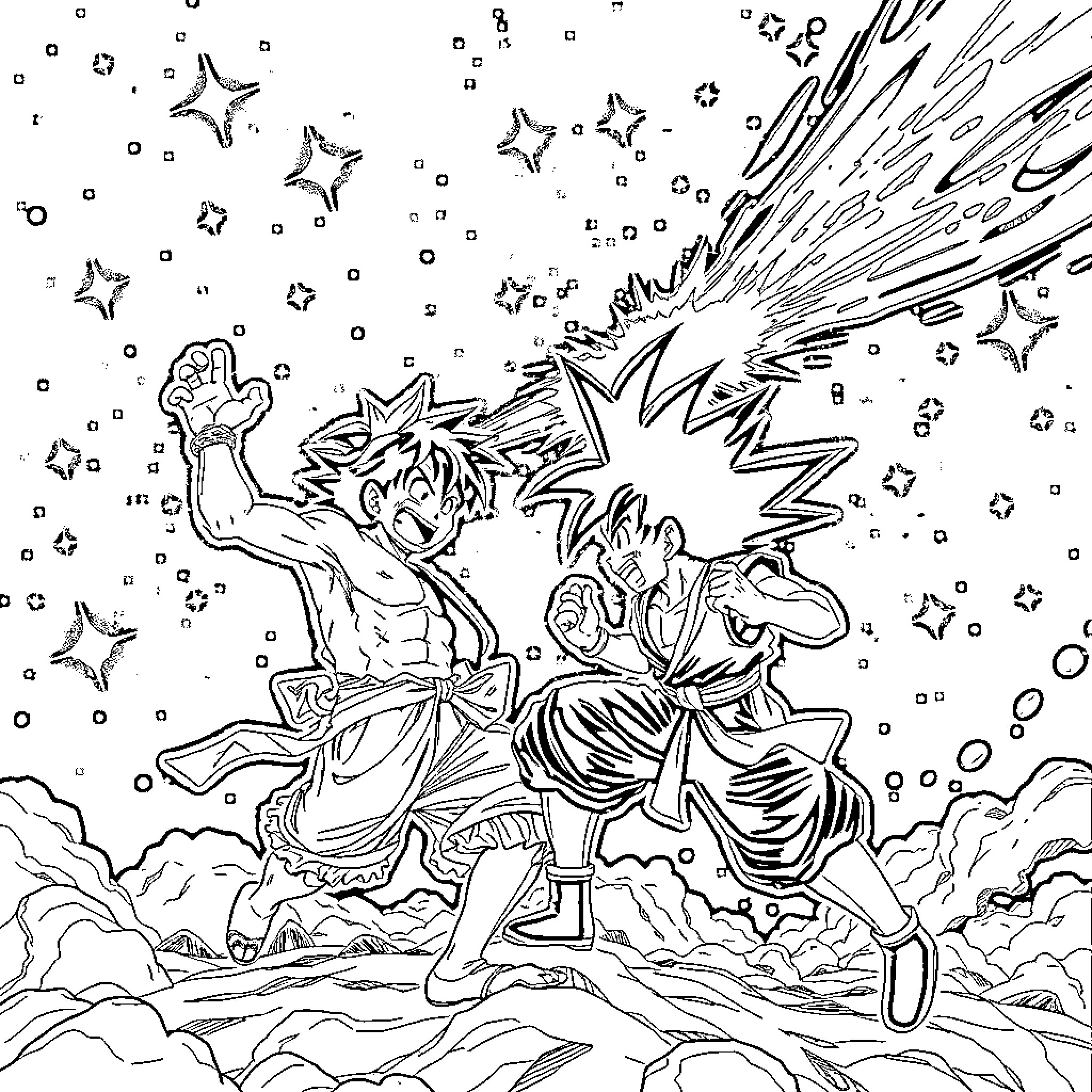 Luffy and Zoro in an intense battle scene Coloring Page (free black-and-white line drawing printable PDF for all, from beginners to advanced learners, including children, teens, adults, and seniors)