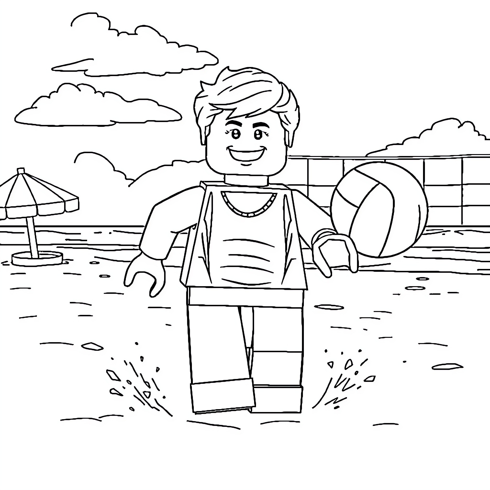 Lego Man enjoying a day at the beach Coloring Page (free black-and-white line drawing printable PDF for all, from beginners to advanced learners, including children, teens, adults, and seniors)