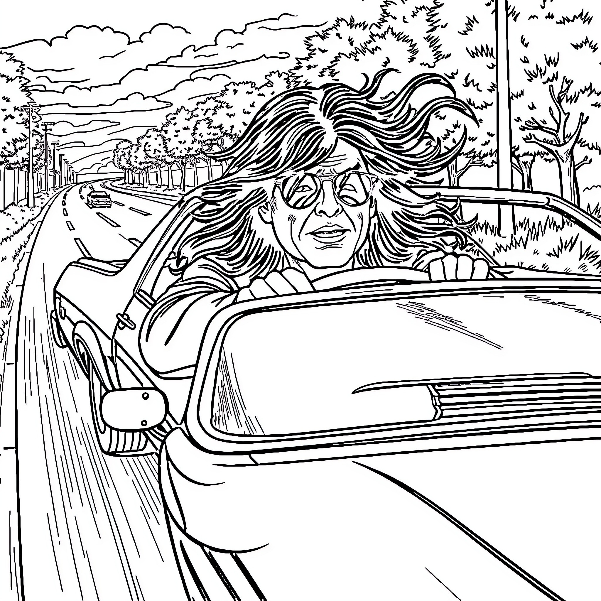 Ozzy Osbourne driving along a scenic road Coloring Page (free black-and-white line drawing printable PDF for all, from beginners to advanced learners, including children, teens, adults, and seniors)