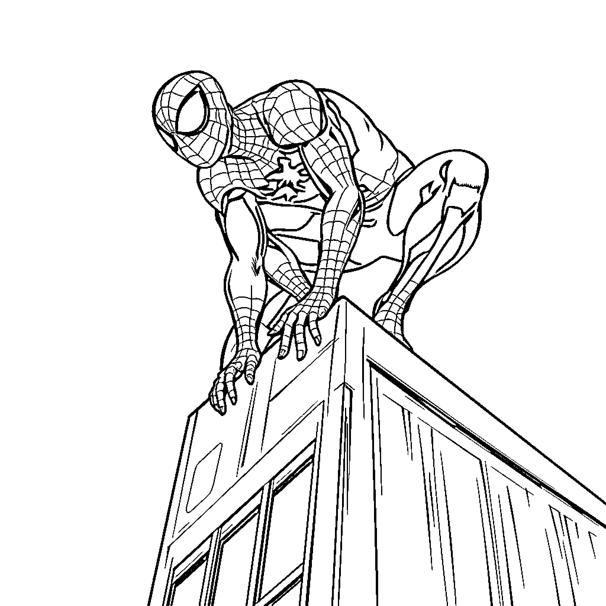 Spiderman climbing up a skyscraper Coloring Page (free black-and-white line drawing printable PDF for all, from beginners to advanced learners, including children, teens, adults, and seniors)