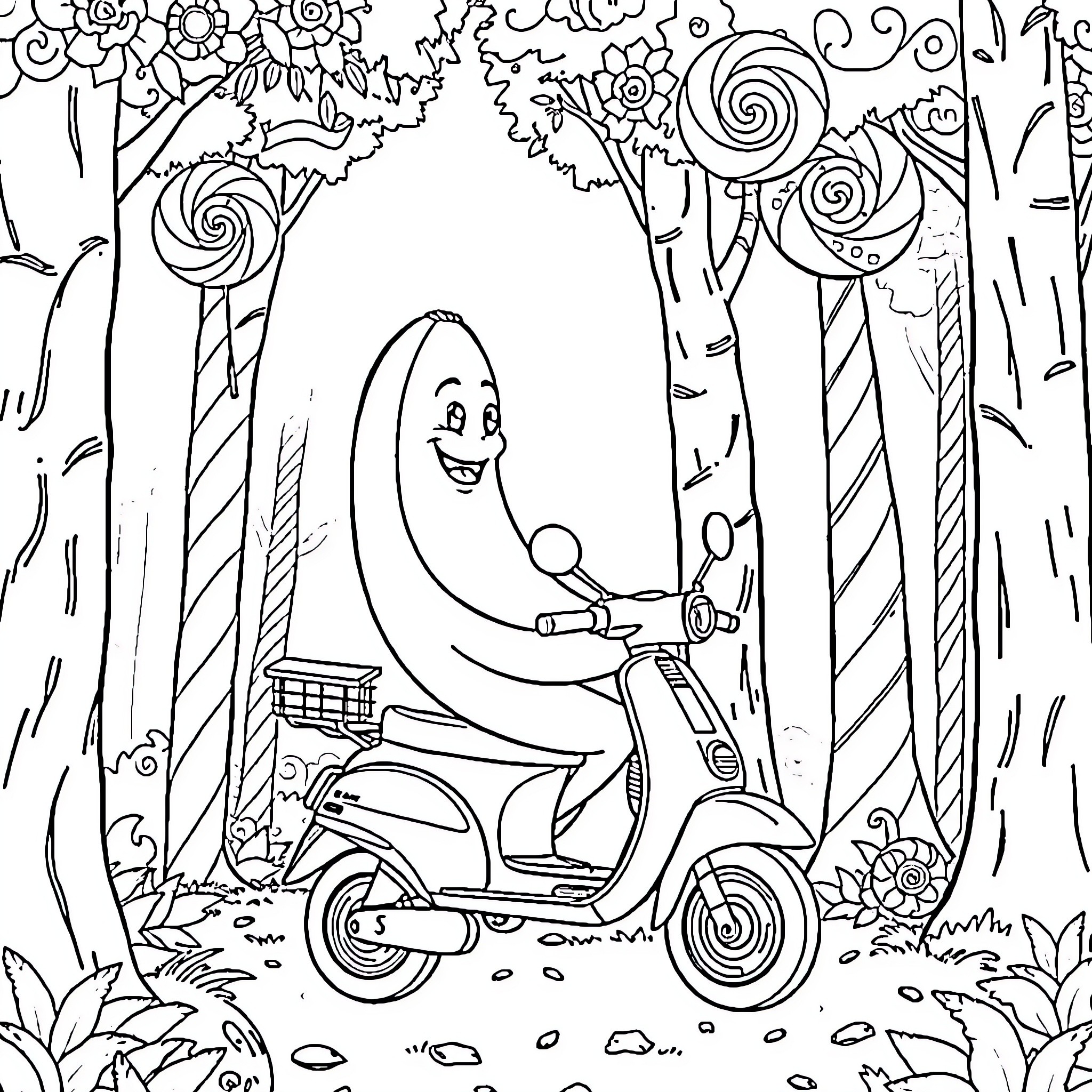 Banana riding a scooter through a whimsical forest Coloring Page (free black-and-white line drawing printable PDF for all, from beginners to advanced learners, including children, teens, adults, and seniors)