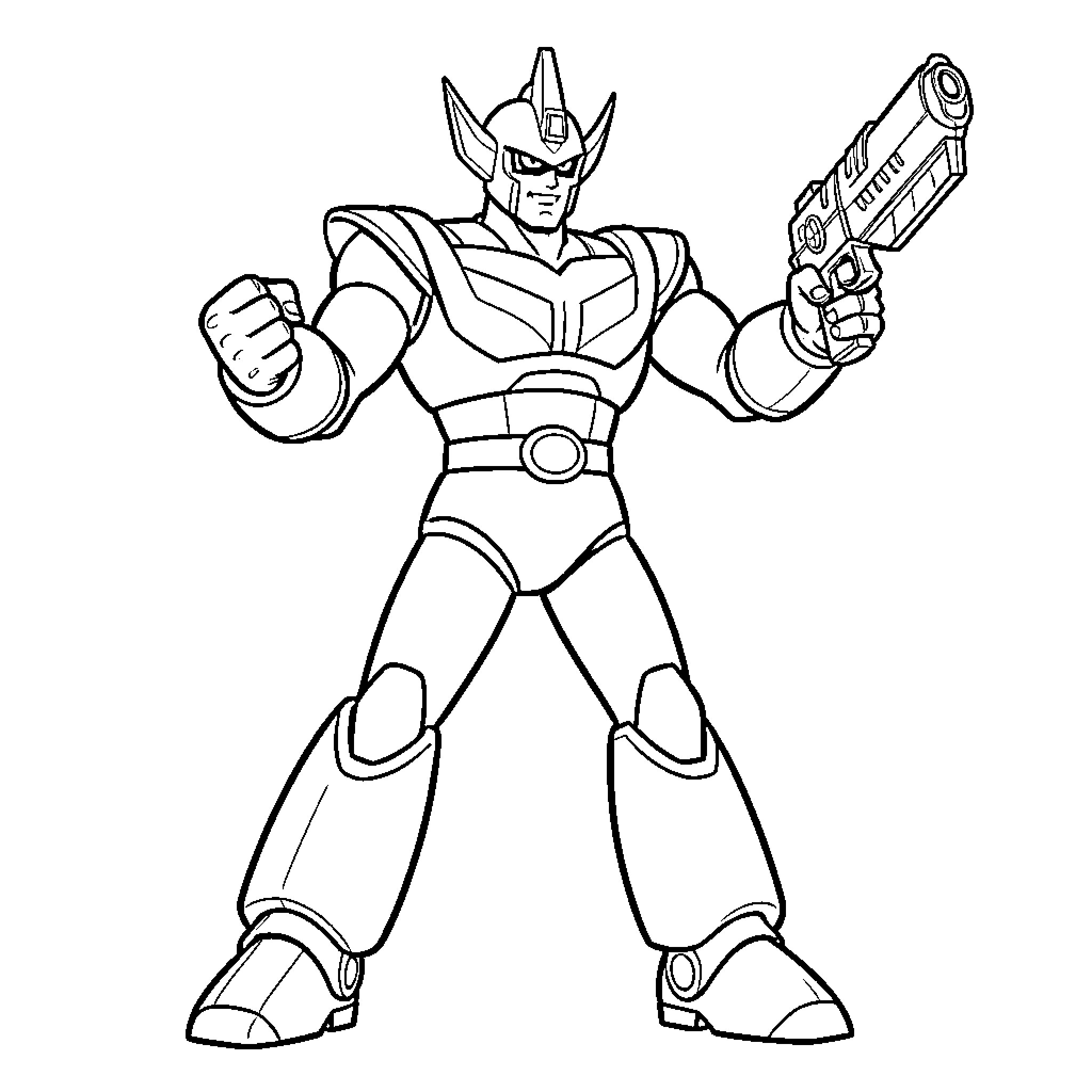 Goldorak heroically posing with weapon Coloring Page (free black-and-white line drawing printable PDF for all, from beginners to advanced learners, including children, teens, adults, and seniors)