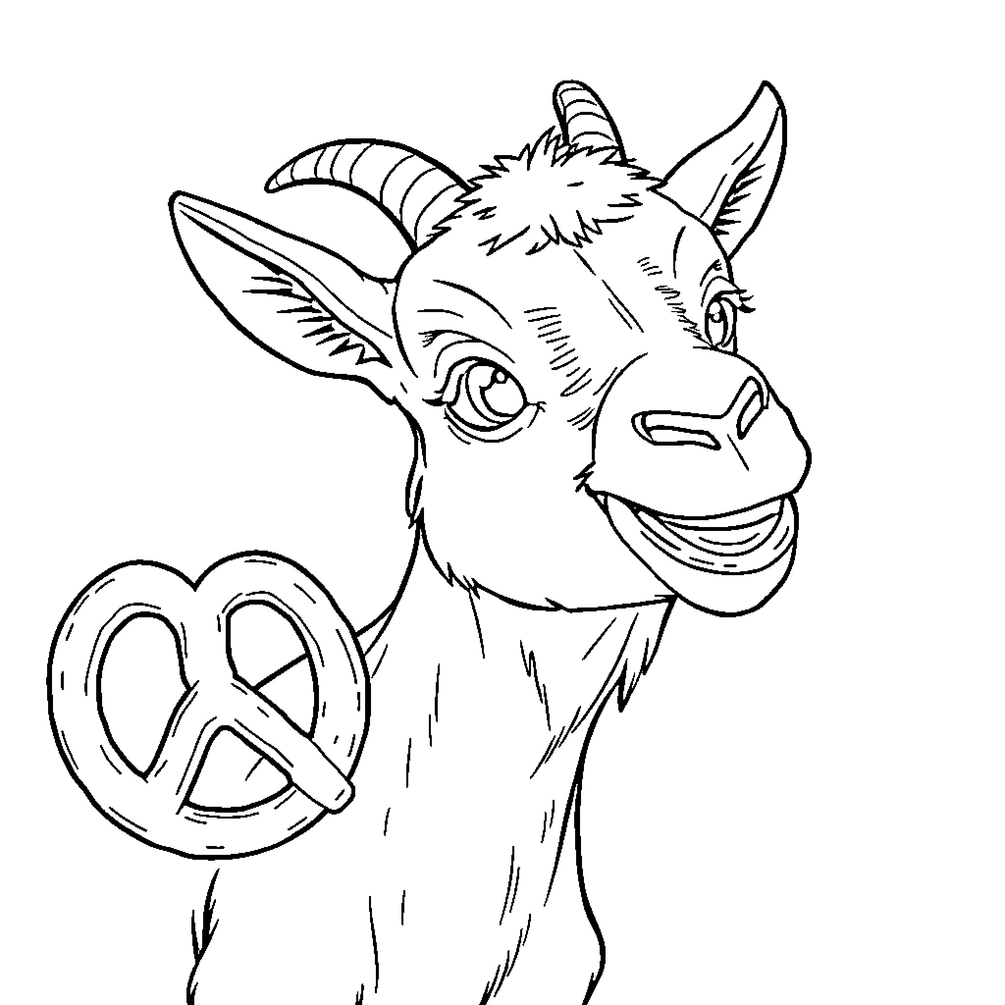 Goat holding peace symbol and making silly face Coloring Page (free black-and-white line drawing printable PDF for all, from beginners to advanced learners, including children, teens, adults, and seniors)