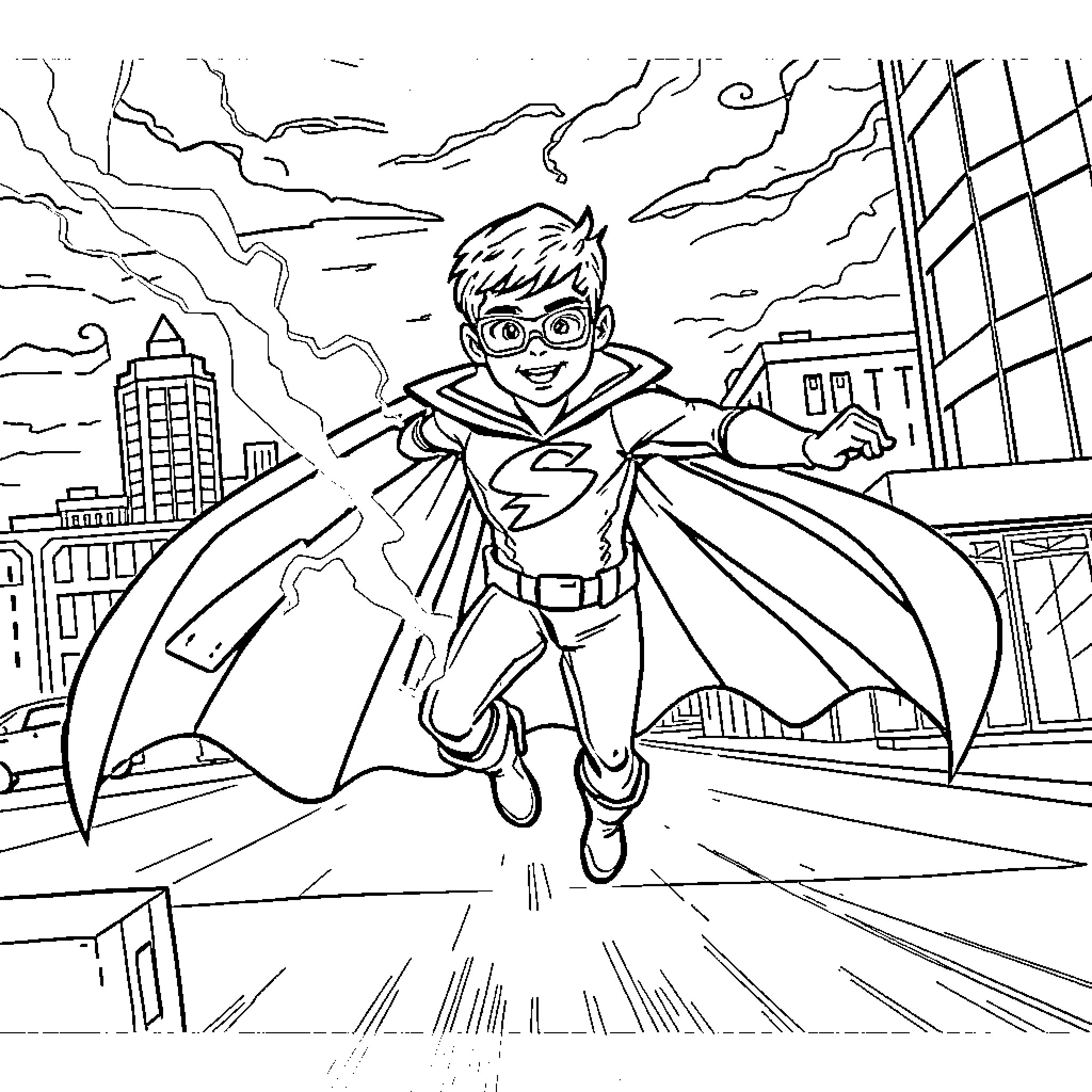 Superhero Boy Flying Through the City Coloring Page (free black-and-white line drawing printable PDF for all, from beginners to advanced learners, including children, teens, adults, and seniors)