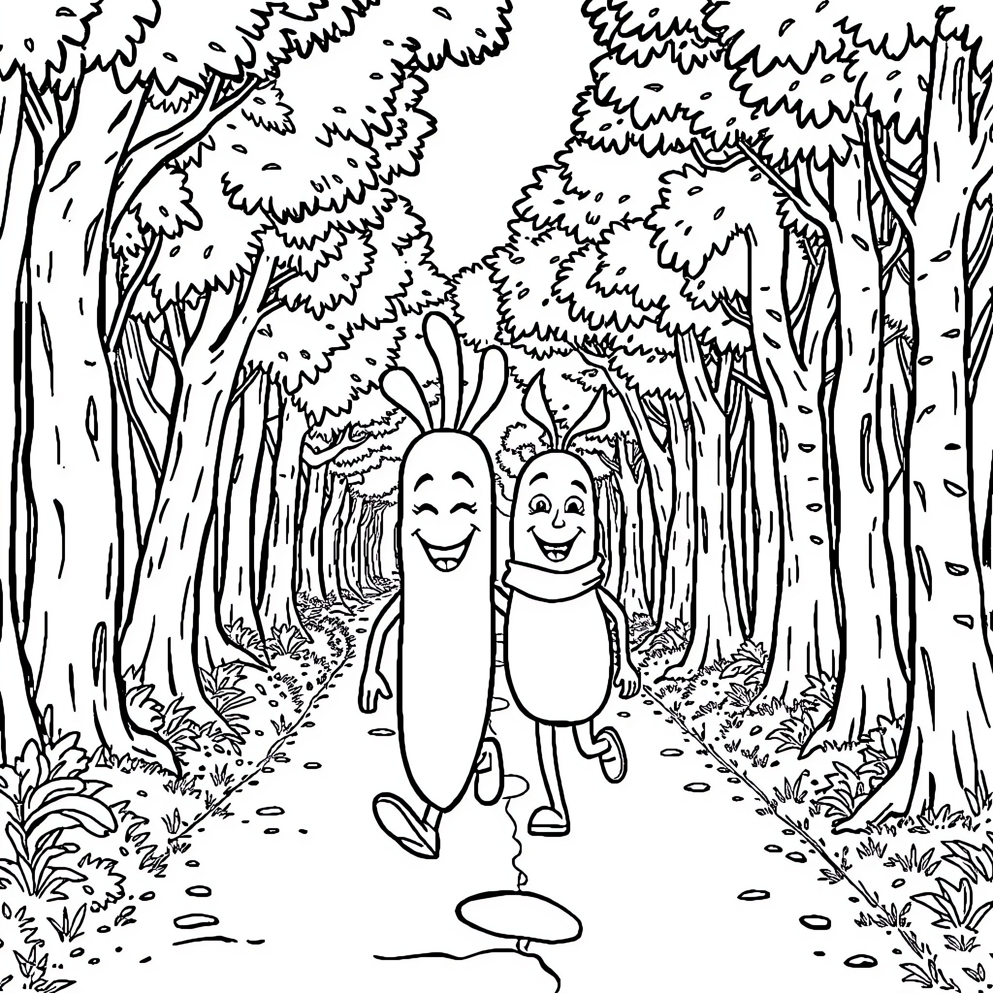 Personnages joyeux se promenant dans la forêt Coloring Page (free black-and-white line drawing printable PDF for all, from beginners to advanced learners, including children, teens, adults, and seniors)