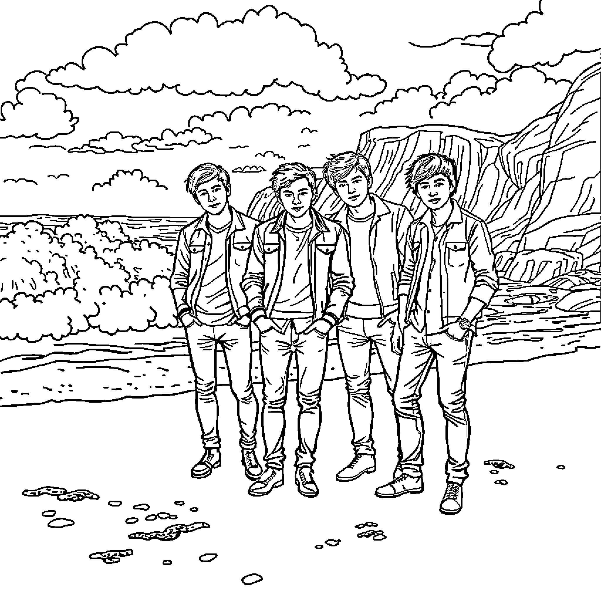 One Direction posing on a scenic beach Coloring Page (free black-and-white line drawing printable PDF for all, from beginners to advanced learners, including children, teens, adults, and seniors)