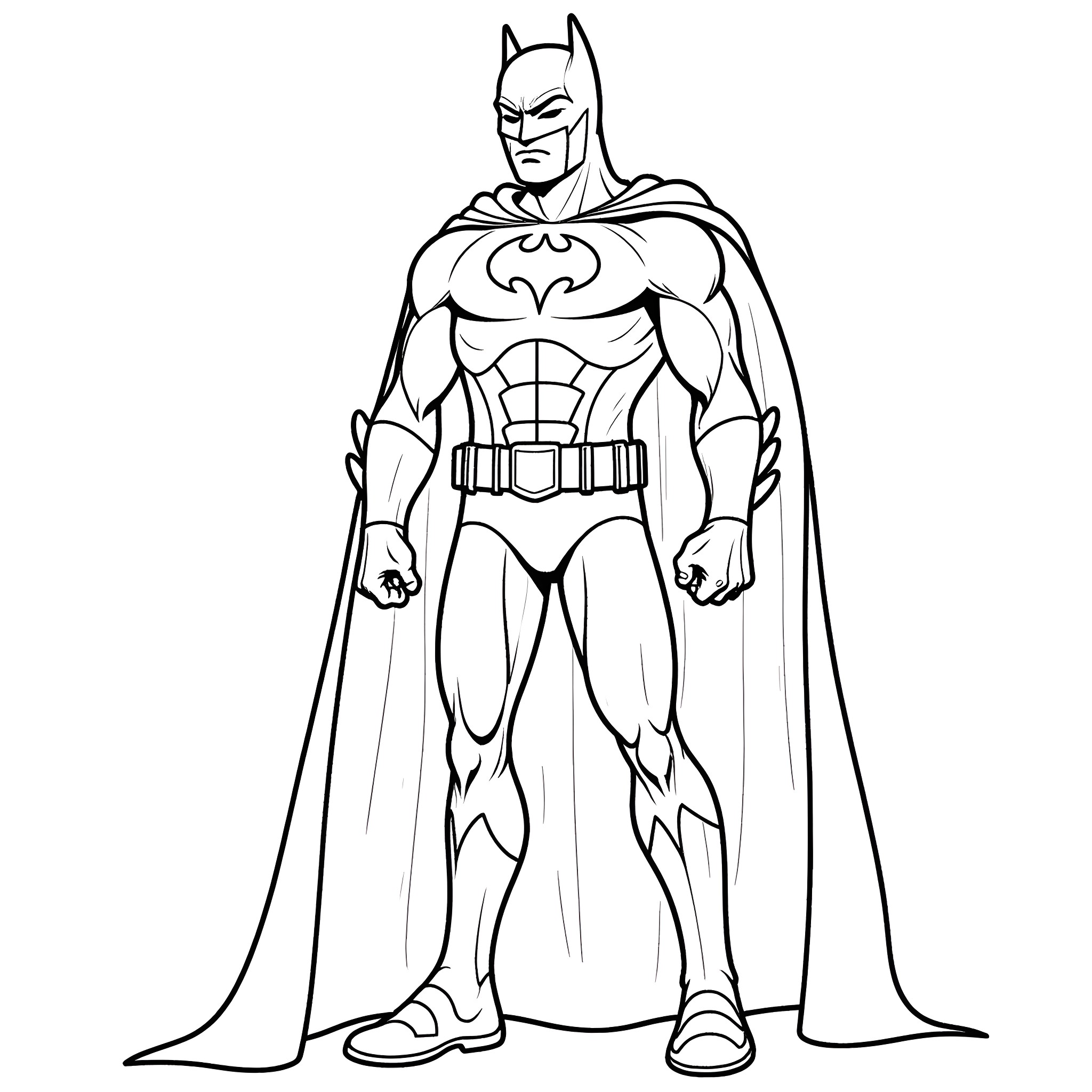Batman in heroic pose with cape and symbol Coloring Page (free black-and-white line drawing printable PDF for all, from beginners to advanced learners, including children, teens, adults, and seniors)