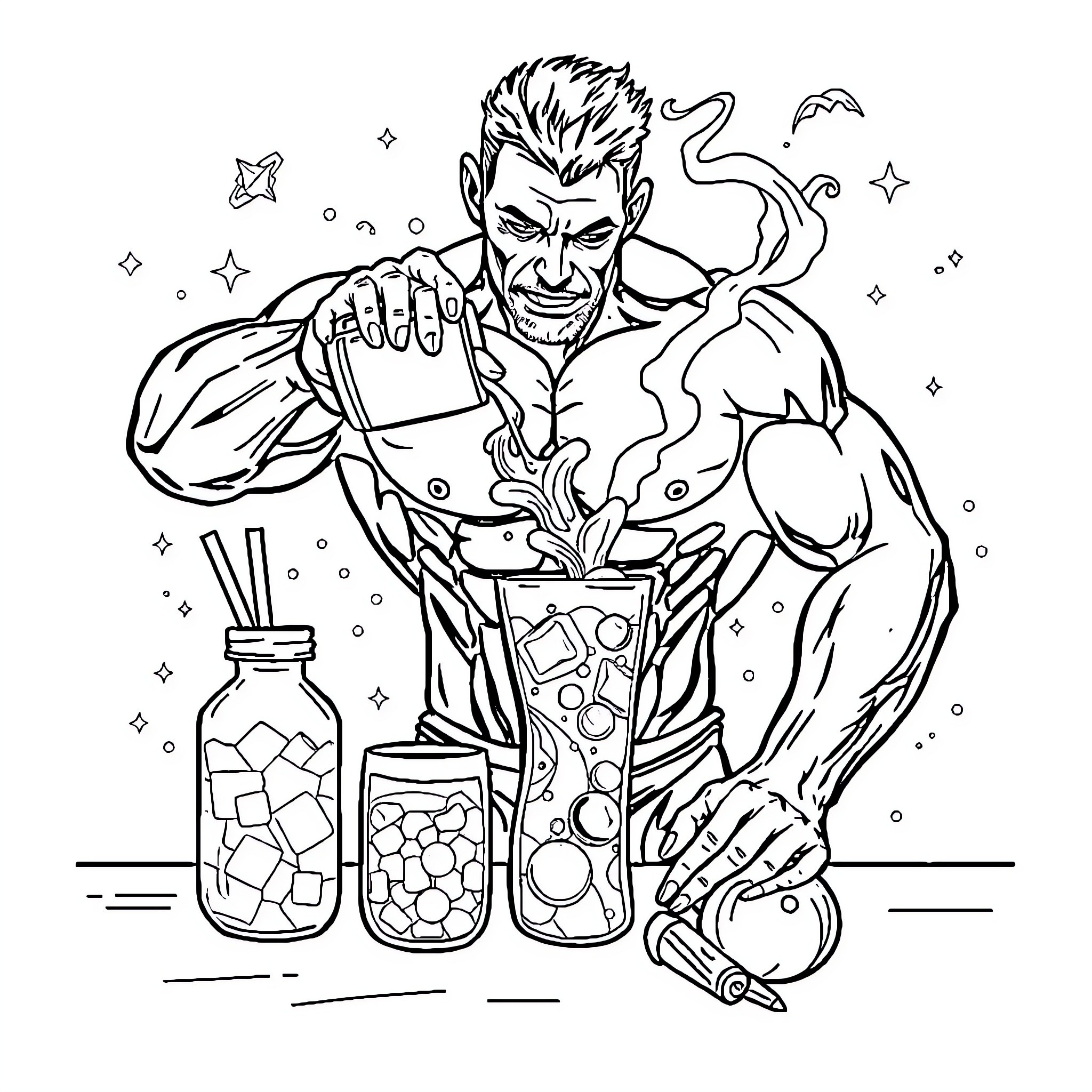 Bodybuilder mixing healthy nutritional supplements Coloring Page (free black-and-white line drawing printable PDF for all, from beginners to advanced learners, including children, teens, adults, and seniors)